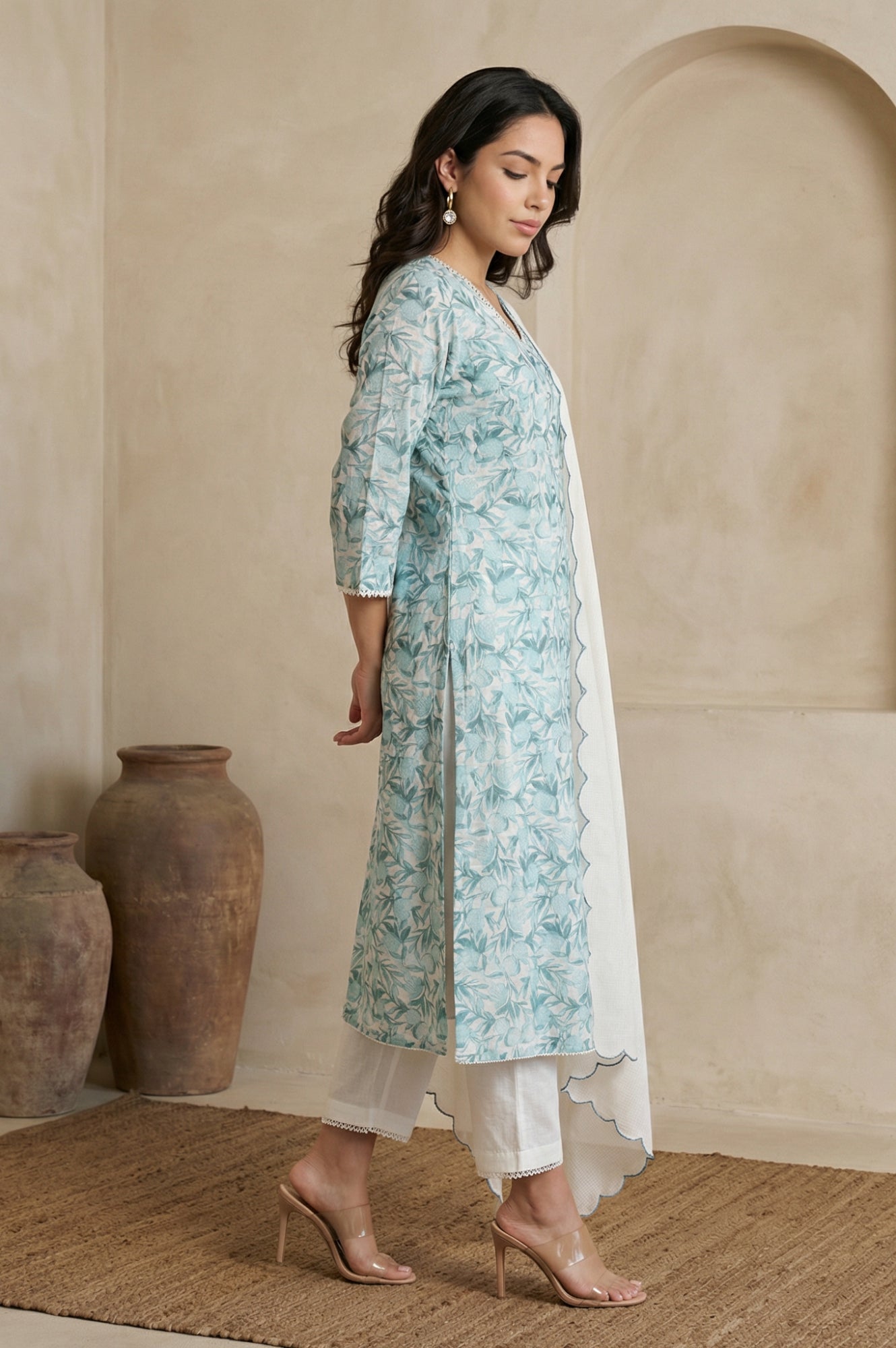White and Green Floral Printed Kota Straight Kurta with Straight Pants and Dupatta Set