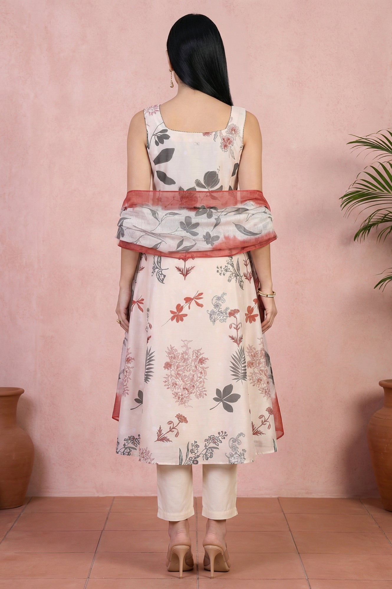 Cream Embroidered Floral Printed Chanderi A-line Kurta with Straight Pants and Dupatta Set