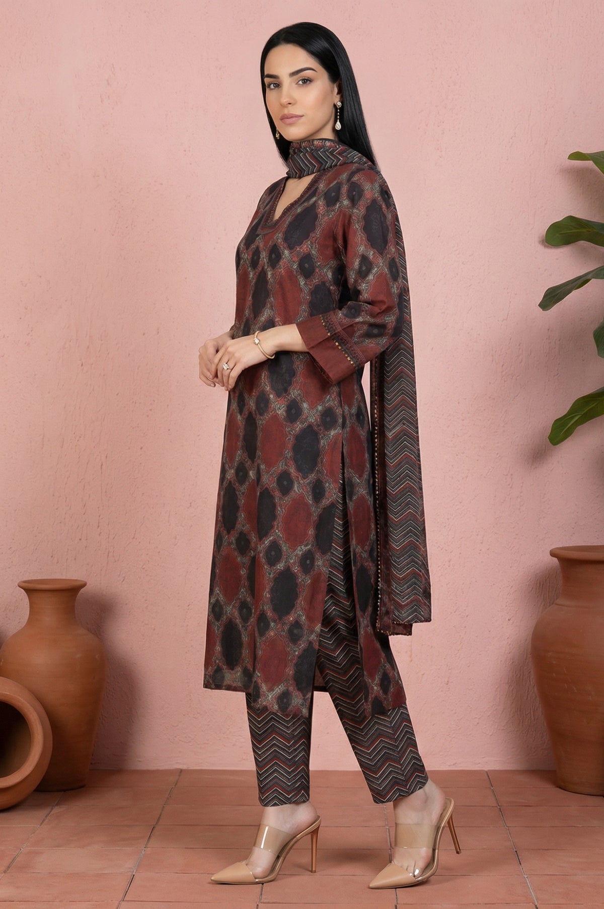 Black Geometric Printed Modal Straight Kurta with Pants and Dupatta Set