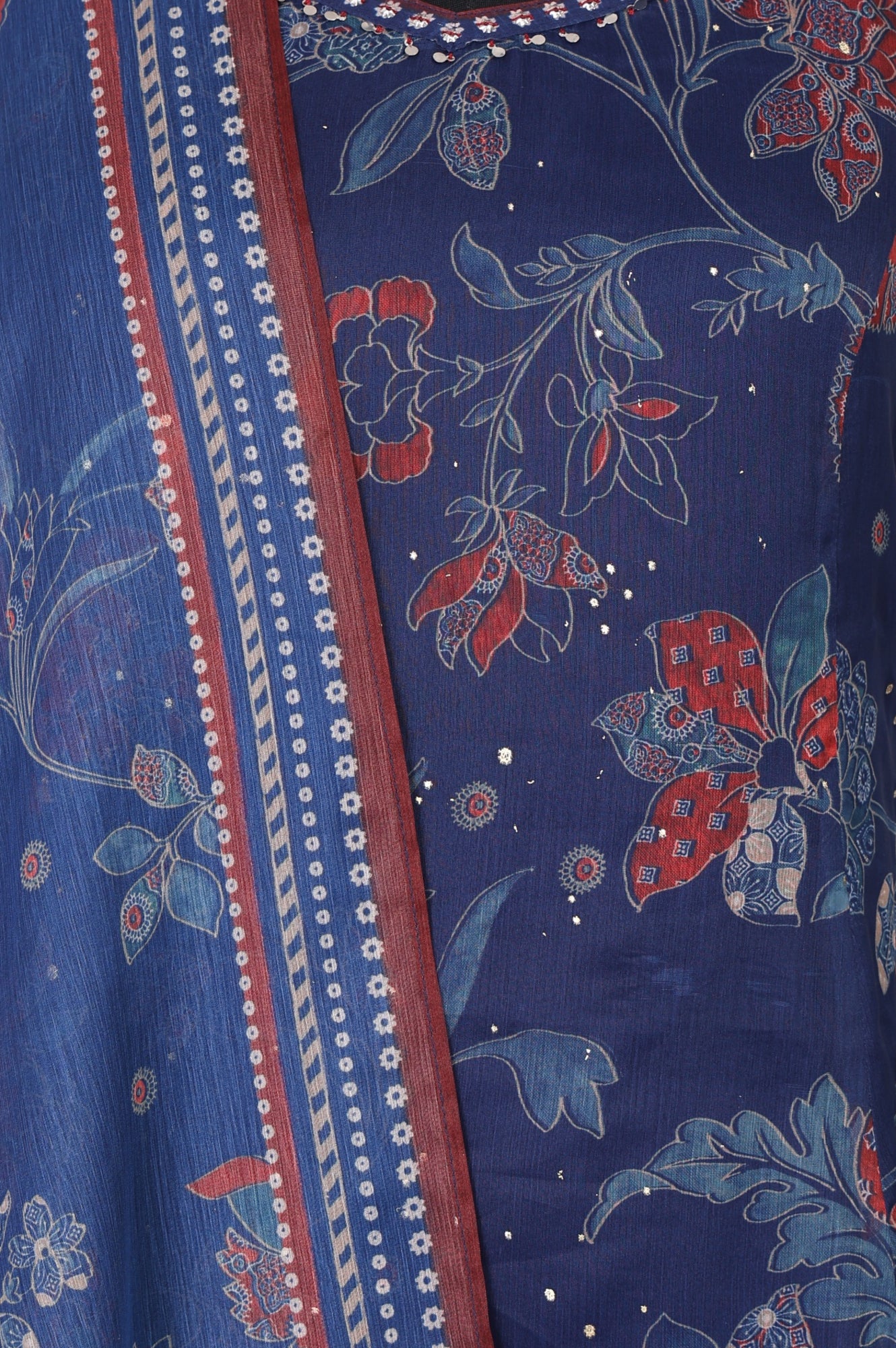 Navy Blue Floral Printed Chiffon Noodle Straps Straight Kurta with Sharara and Dupatta Set