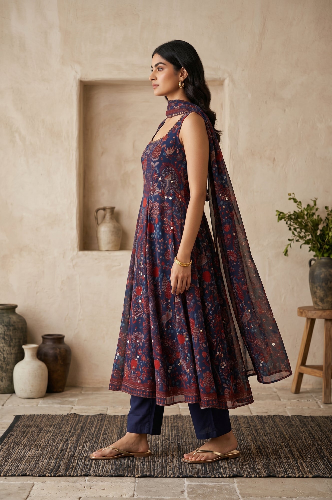 Navy Blue Floral Printed Georgette Flared Kurta With Pants And Dupatta Set