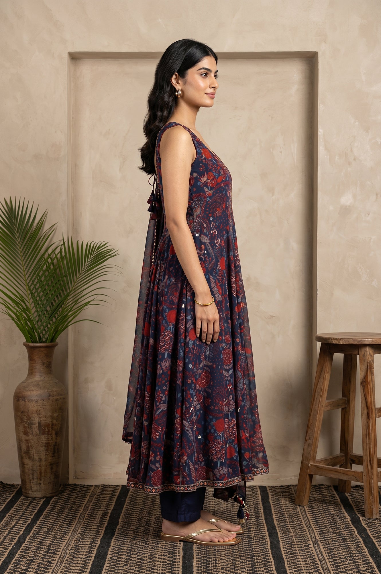 Navy Blue Floral Printed Georgette Flared Kurta With Pants And Dupatta Set
