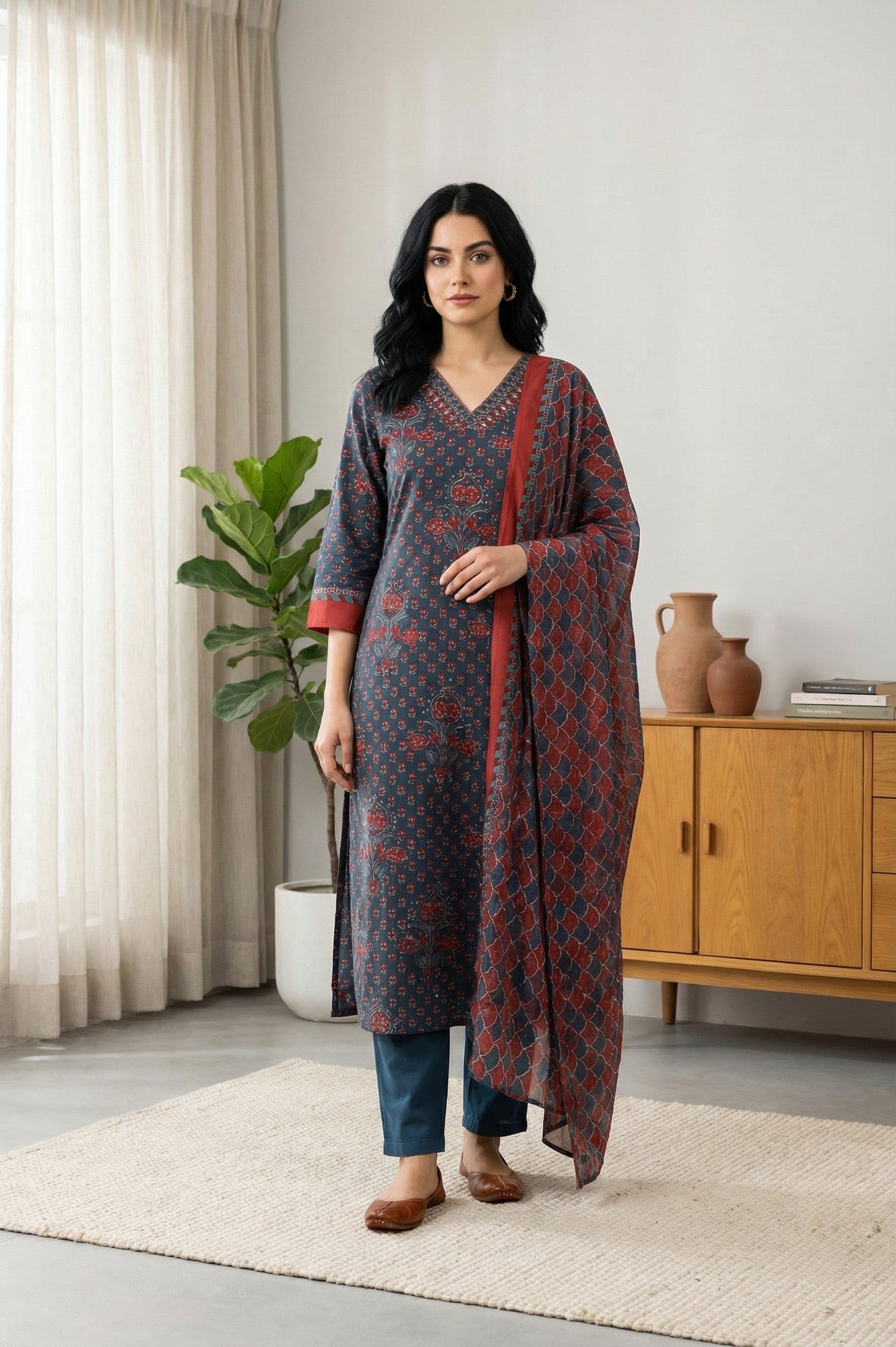 Blue Floral Printed Crepe Straight Kurta with Pants and Dupatta Set