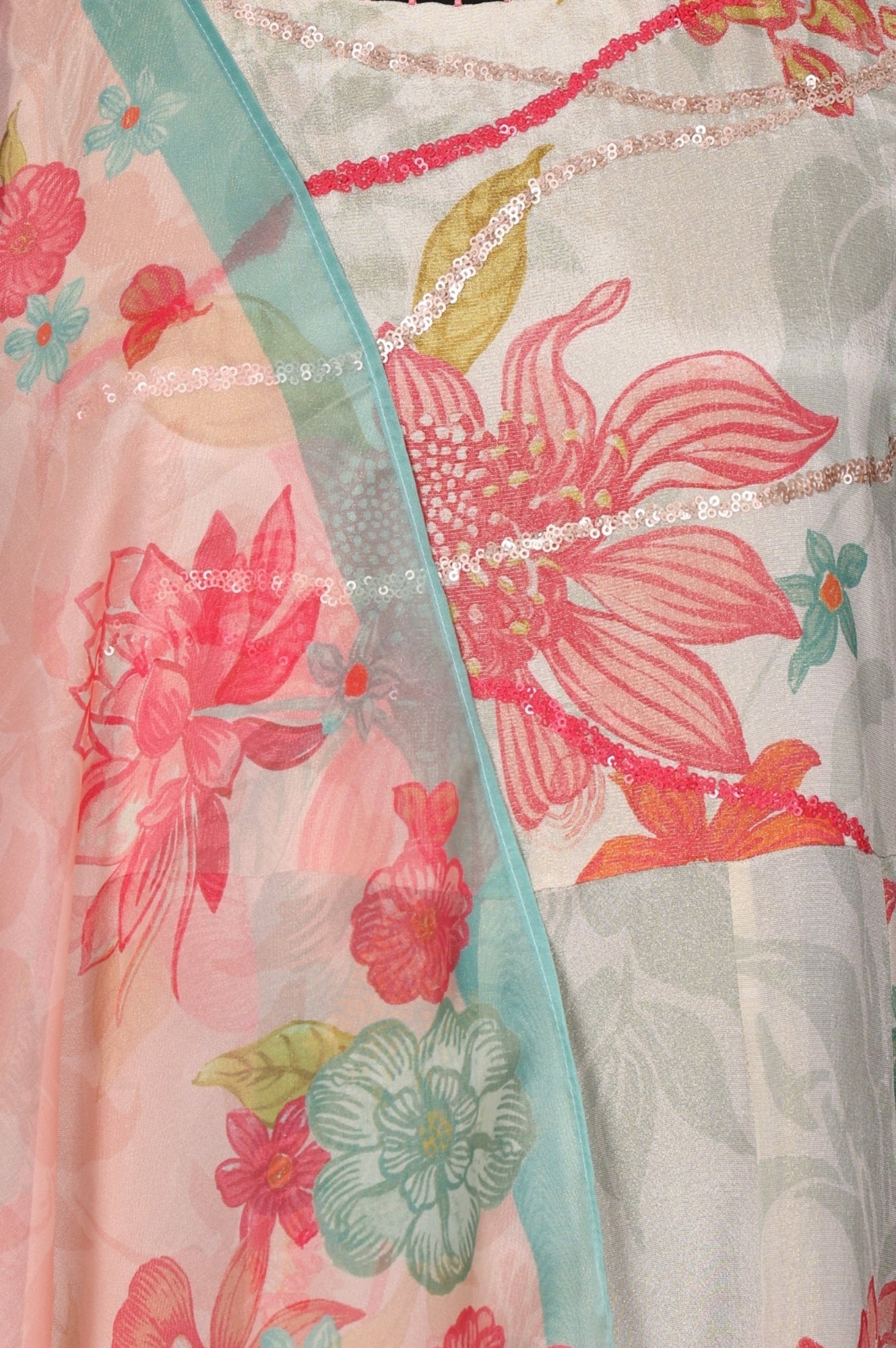 Cream Floral Printed Tissue Crepe Sleeveless Anarkali Kurta with Straight Pants and Dupatta Set