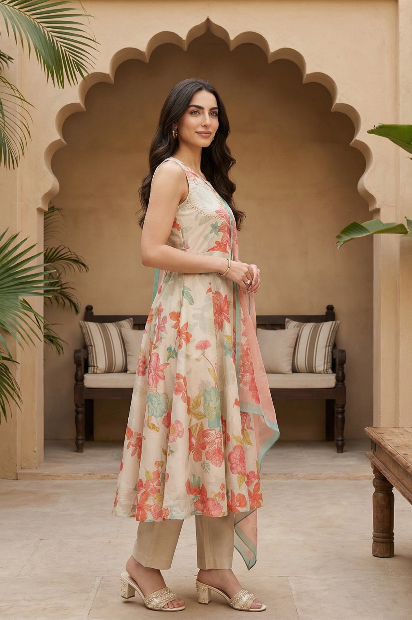 Cream Floral Printed Tissue Crepe Sleeveless Anarkali Kurta with Straight Pants and Dupatta Set