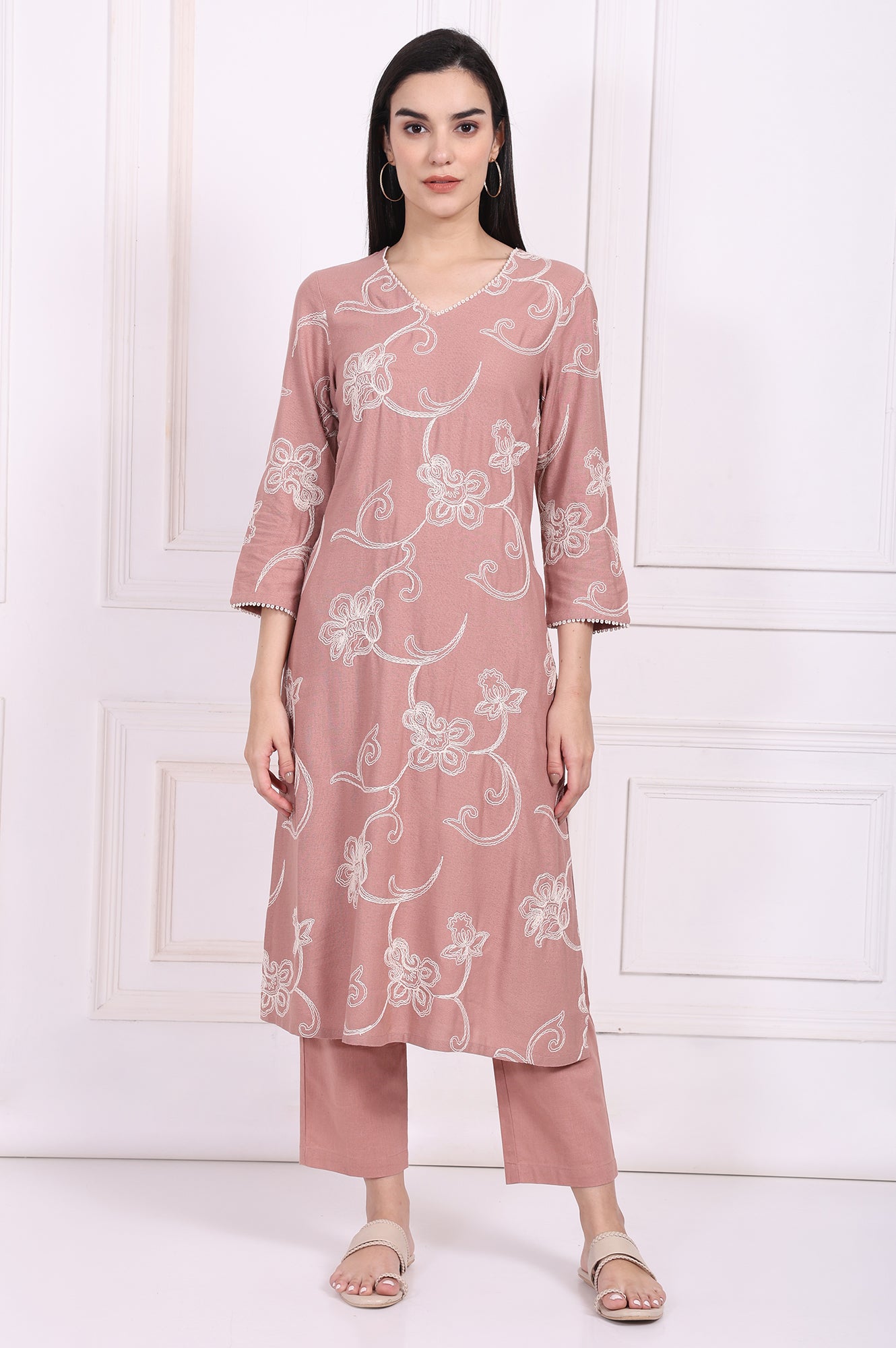 Pink Embroidered Straight Rayon Kurta with Straight Pant