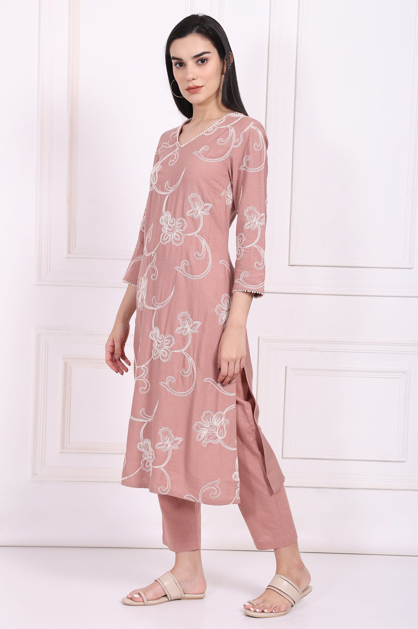 Pink Embroidered Straight Rayon Kurta with Straight Pant