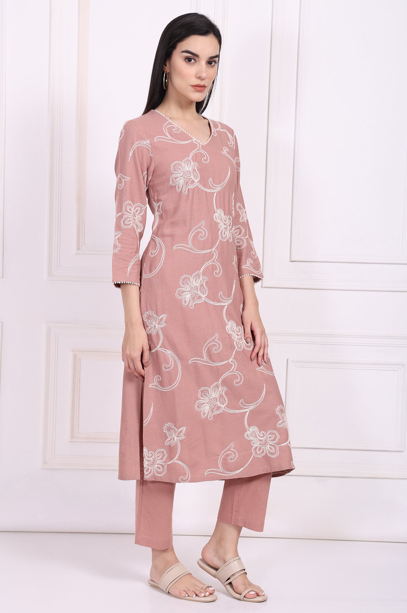 Pink Embroidered Straight Rayon Kurta with Straight Pant