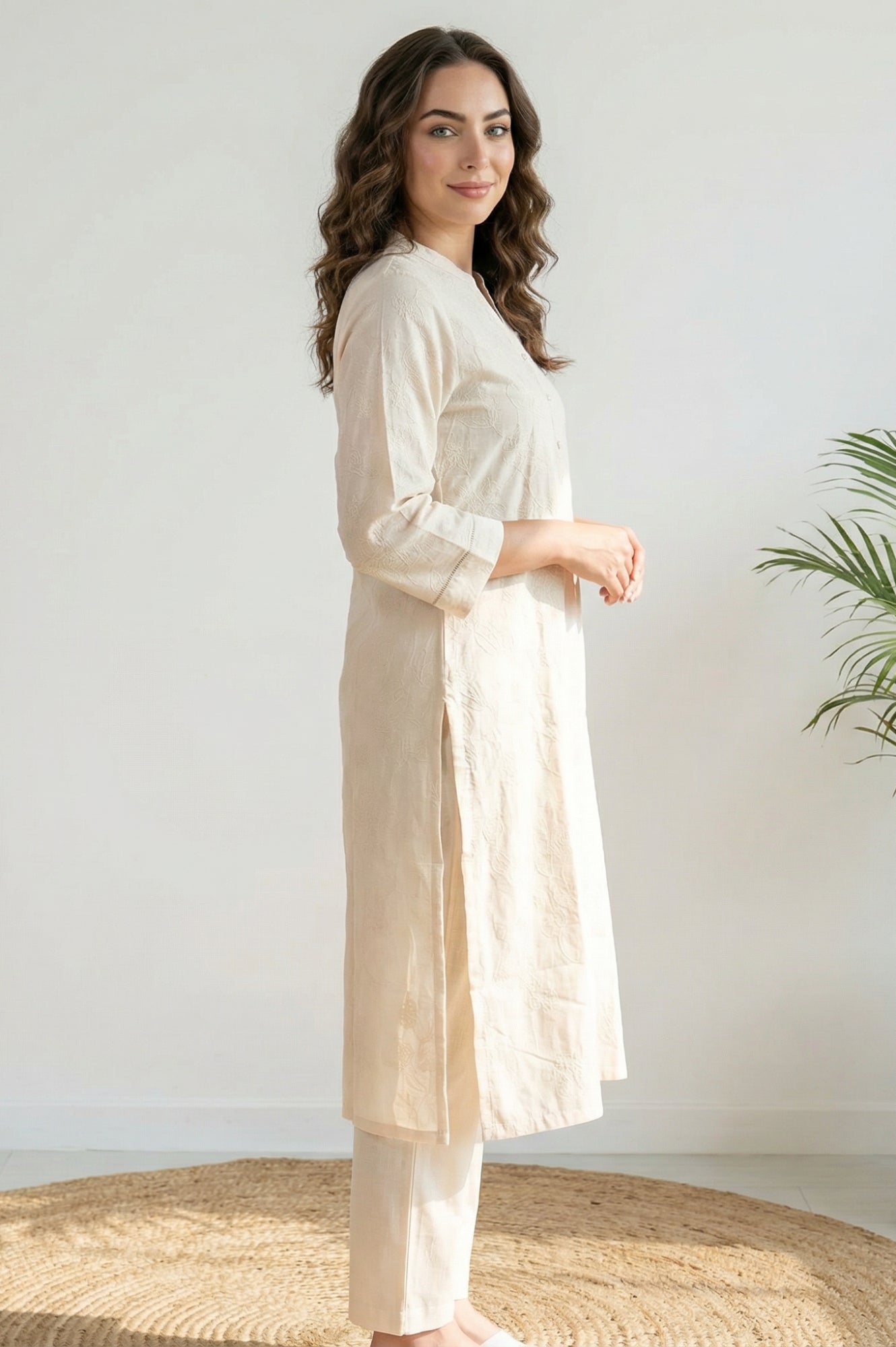 Off White Chikankari Rayon Straight Kurta with Pants Co-ord Set