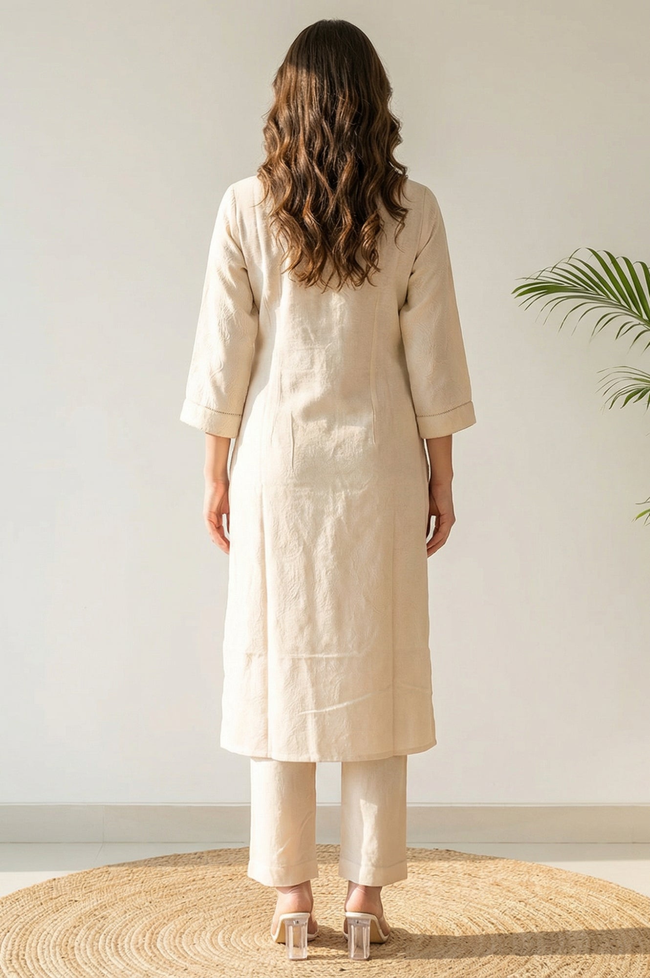 Off White Chikankari Rayon Straight Kurta with Pants Co-ord Set