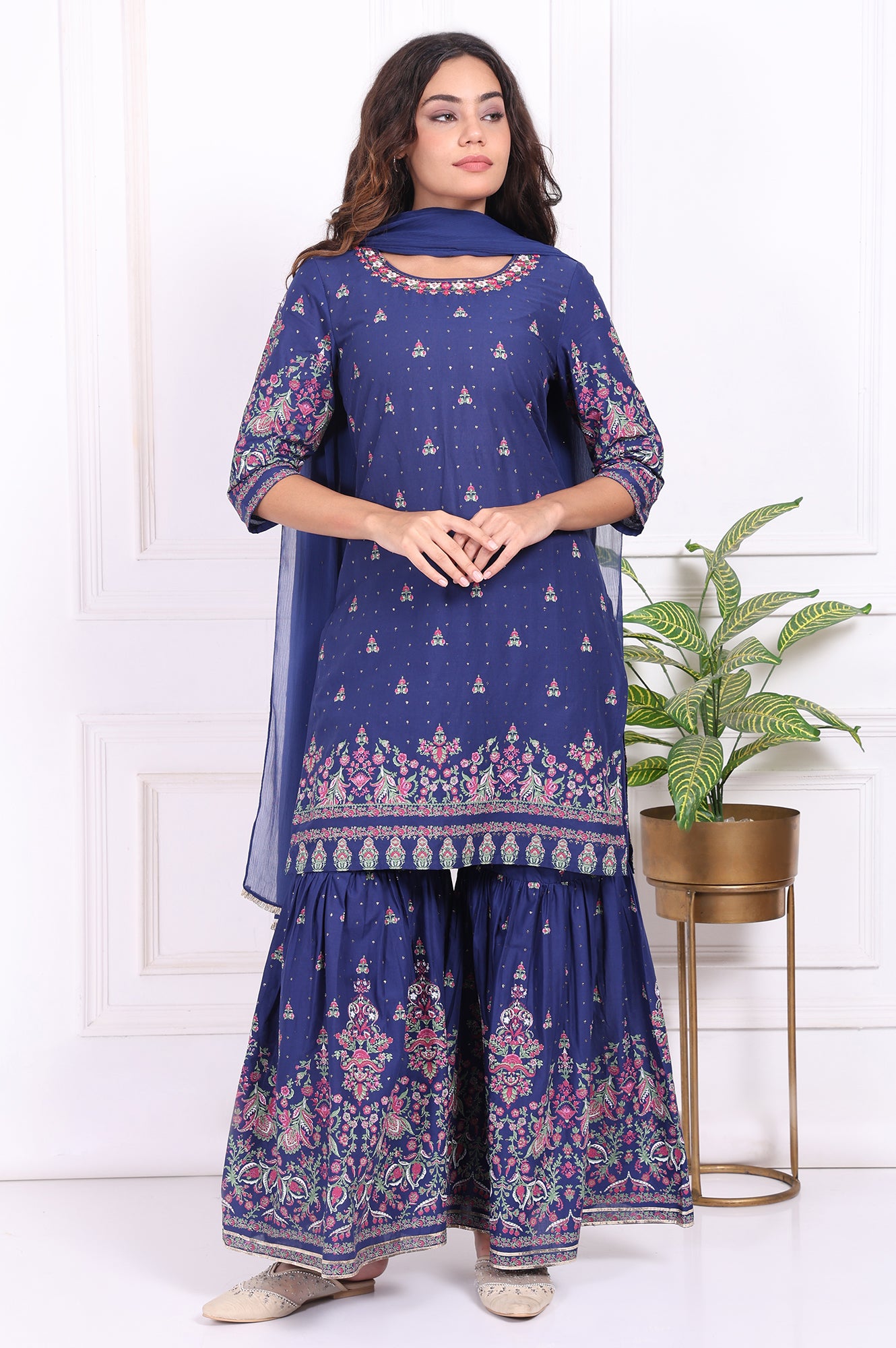 Blue Floral Printed Embroidered Straight Cotton Kurta with Sharara and Dupatta Set