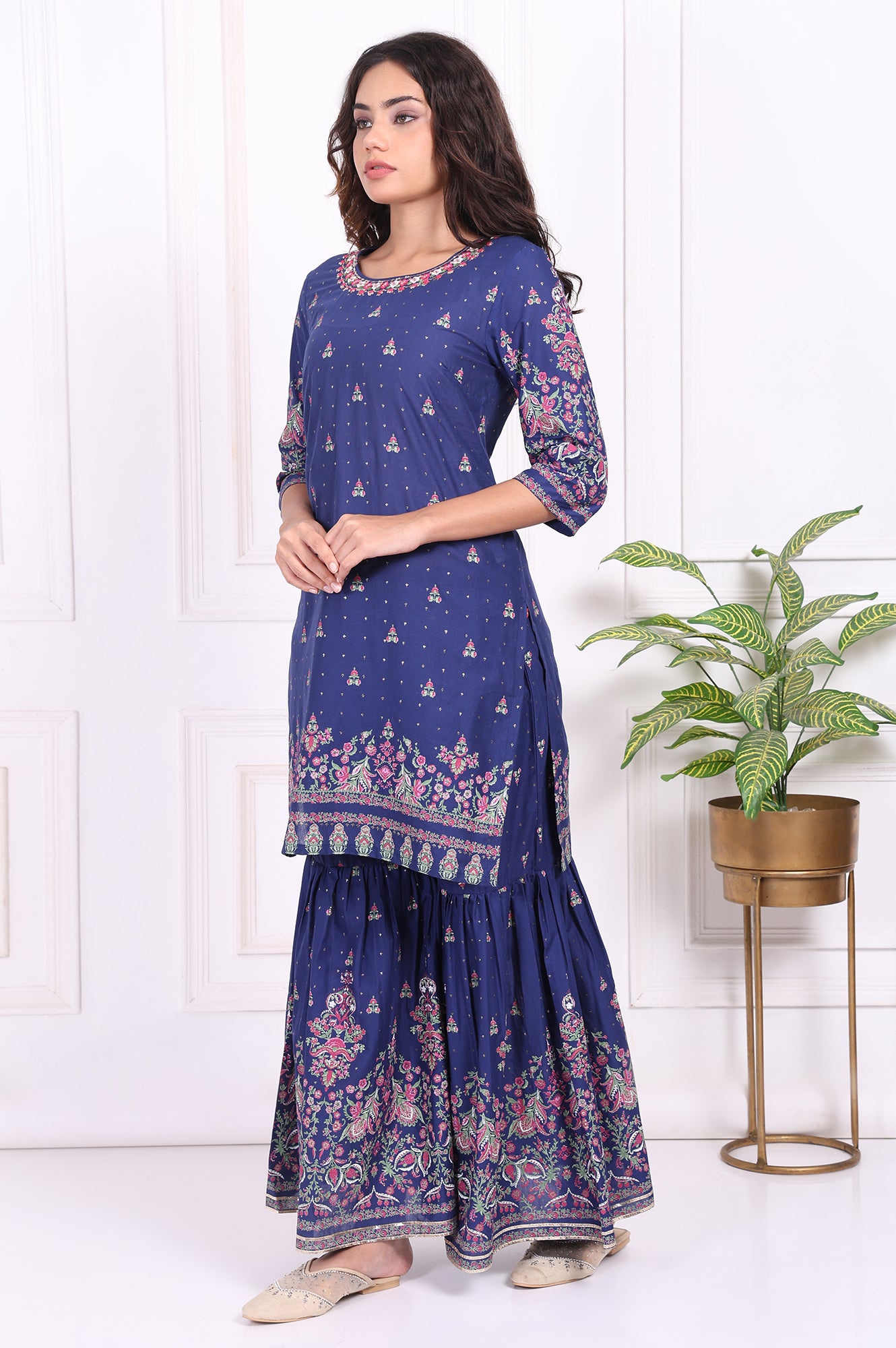 Blue Floral Printed Embroidered Straight Cotton Kurta with Sharara and Dupatta Set