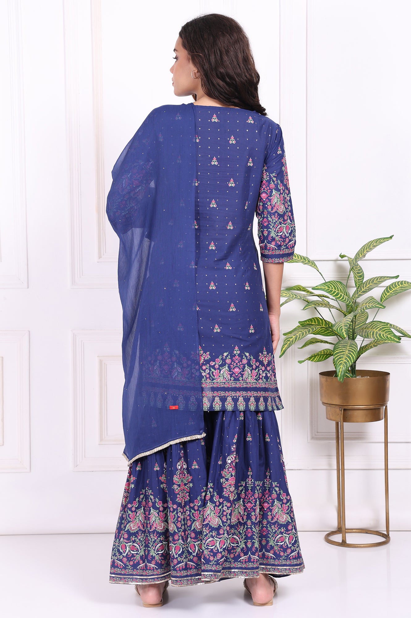 Blue Floral Printed Embroidered Straight Cotton Kurta with Sharara and Dupatta Set