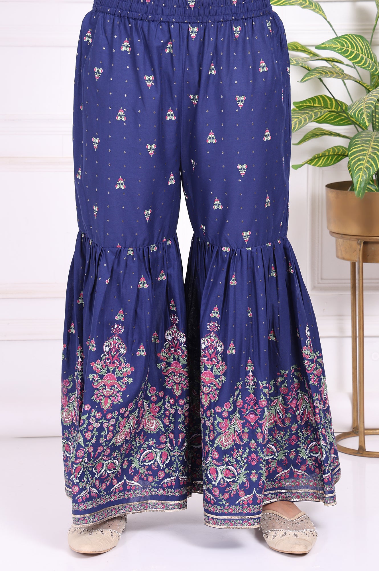 Blue Floral Printed Embroidered Straight Cotton Kurta with Sharara and Dupatta Set