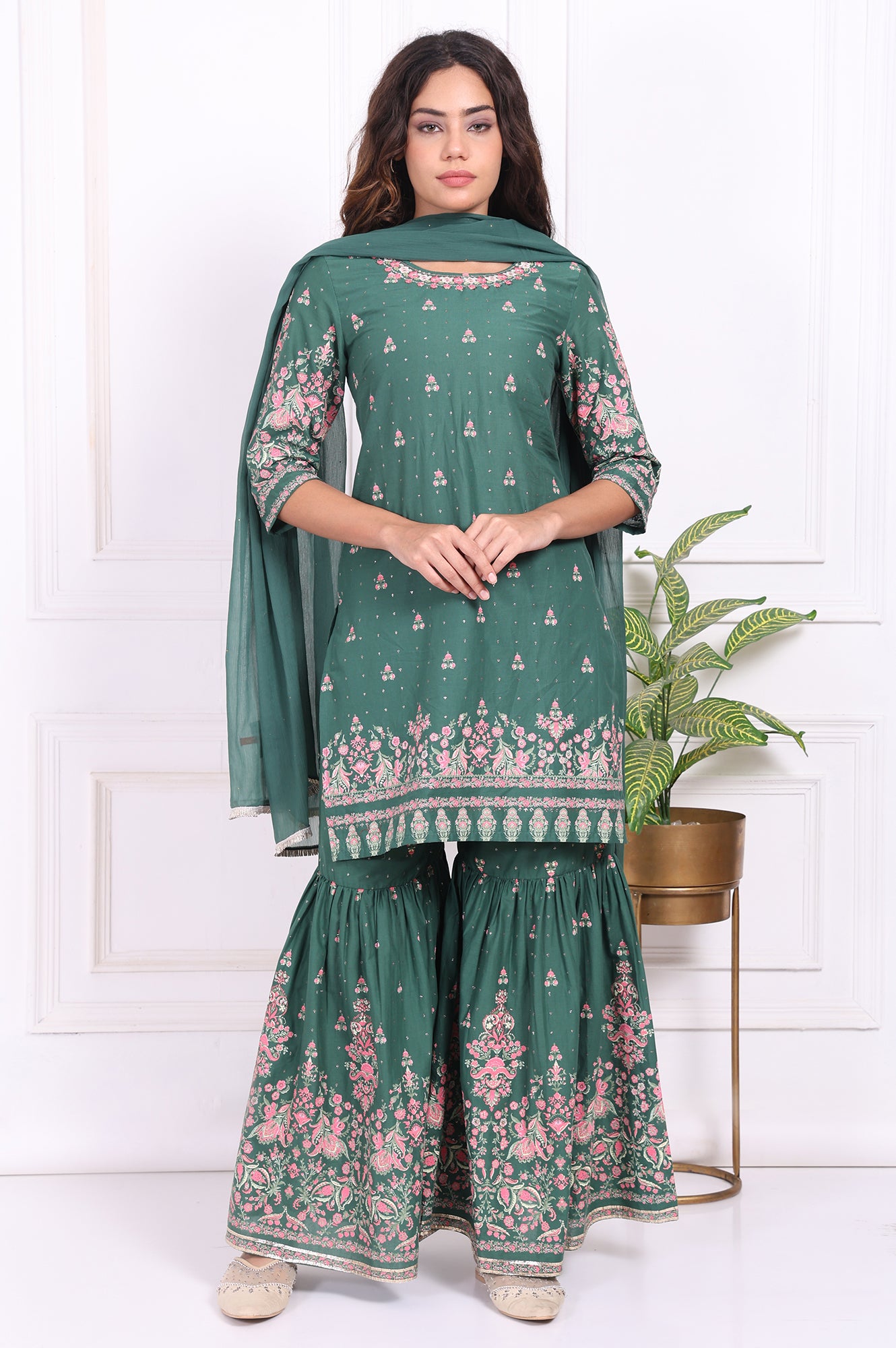 Green Floral Printed Embroidered Straight Cotton Kurta with Sharara and Dupatta Set