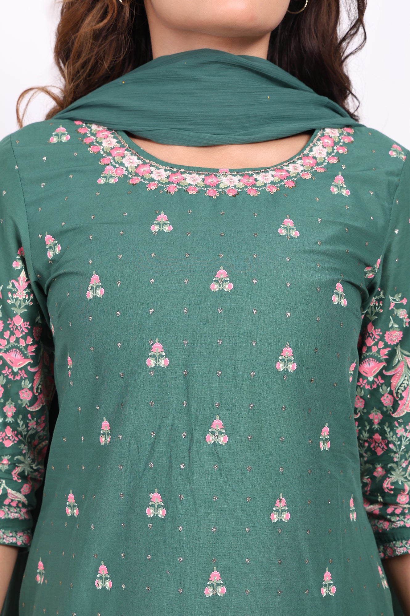 Green Floral Printed Embroidered Straight Cotton Kurta with Sharara and Dupatta Set