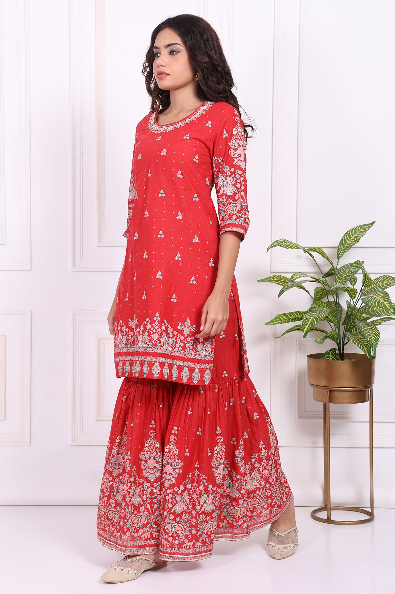Red Floral Printed Embroidered Straight Cotton Kurta with Sharara and Dupatta Set
