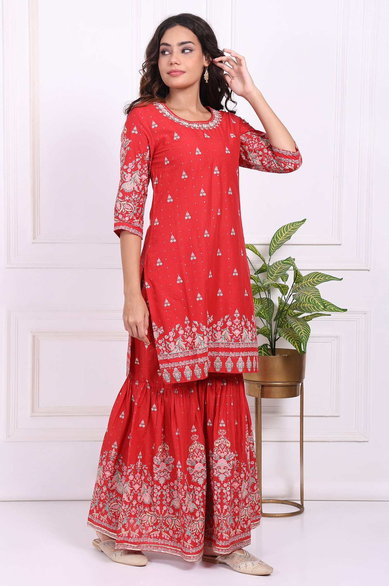 Red Floral Printed Embroidered Straight Cotton Kurta with Sharara and Dupatta Set