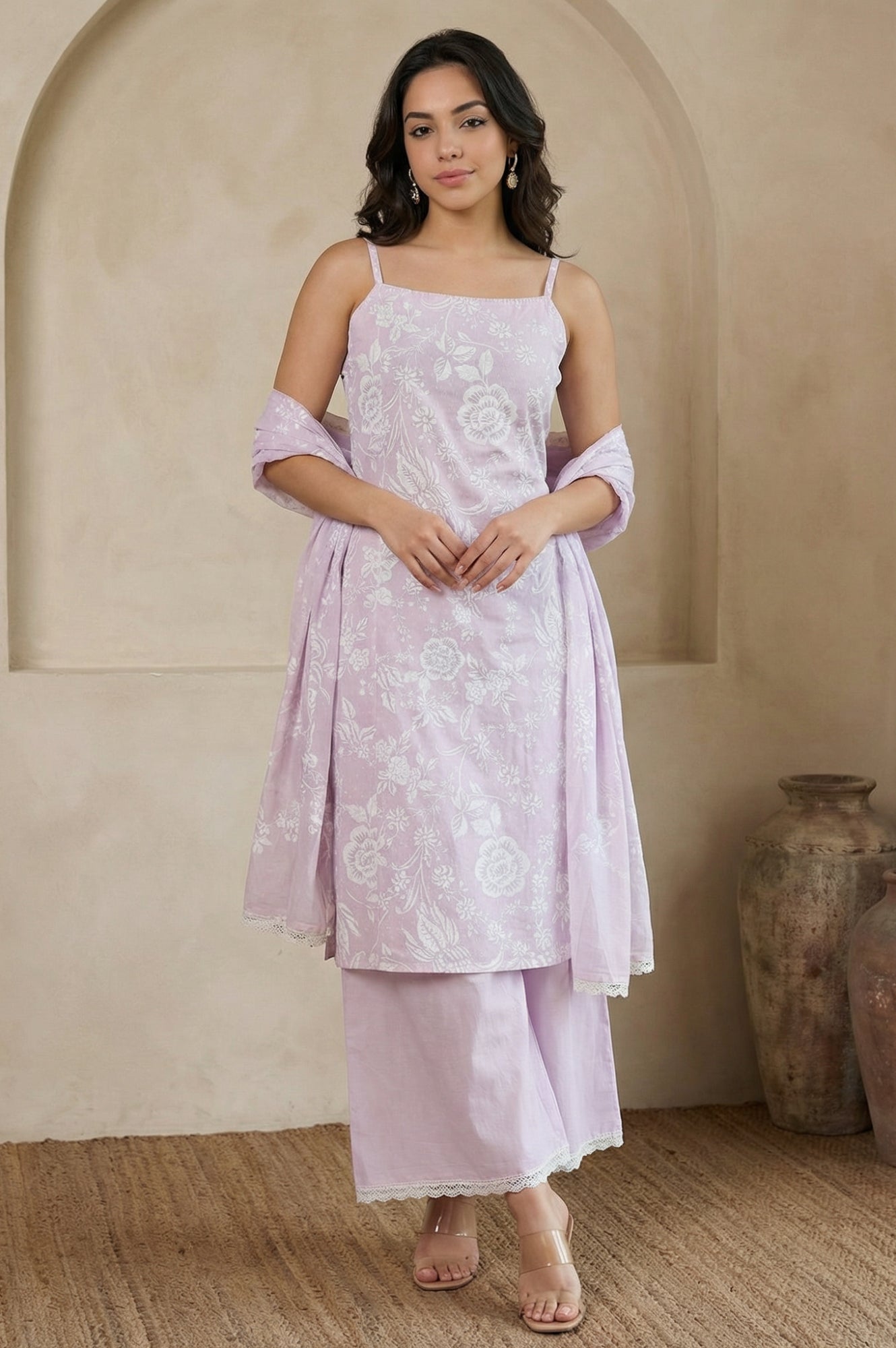 Lavender Floral Printed Pure Cotton Noodle Straps Straight Kurta with Palazzo and Dupatta Set