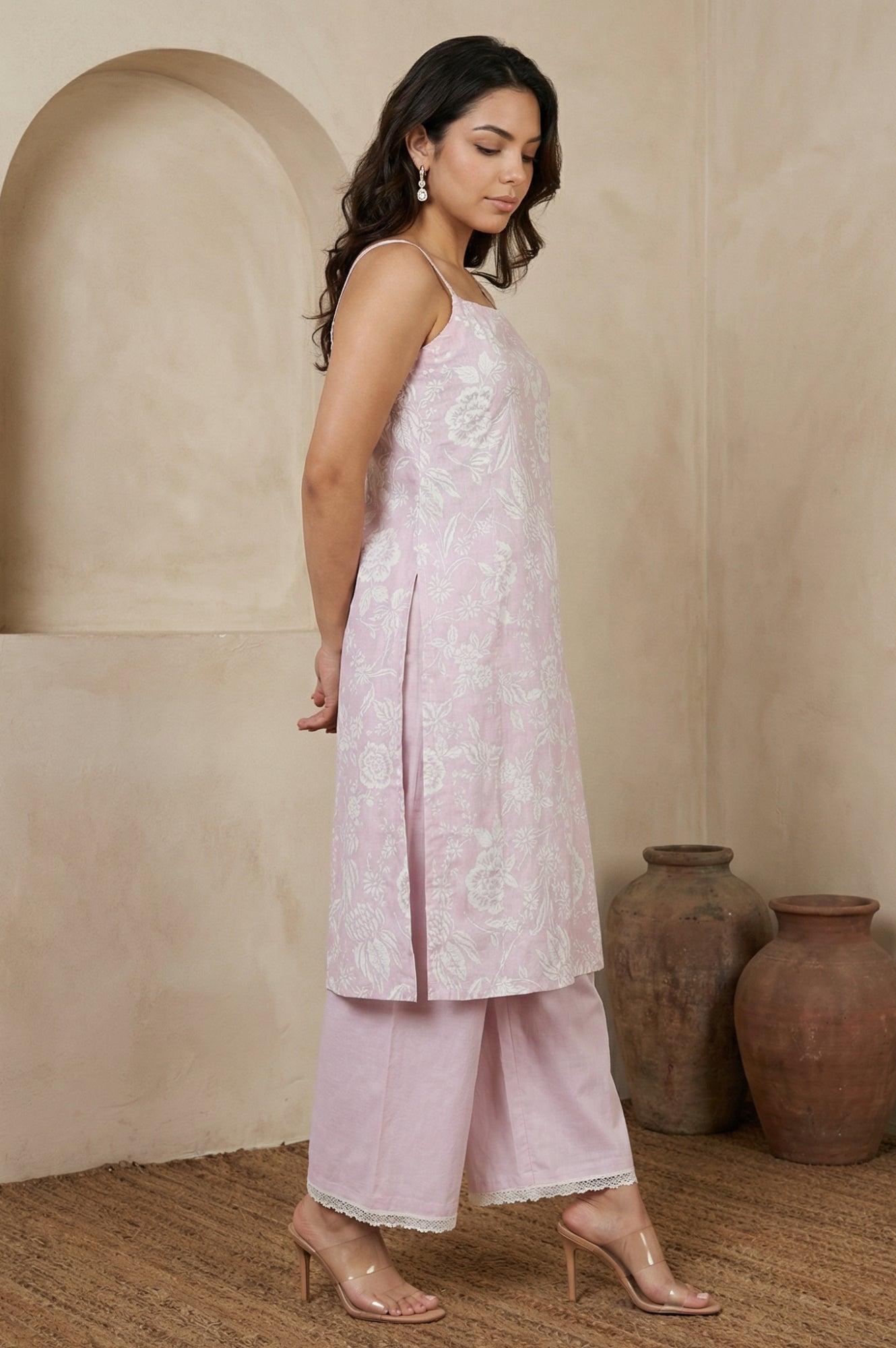 Lavender Floral Printed Pure Cotton Noodle Straps Straight Kurta with Palazzo and Dupatta Set