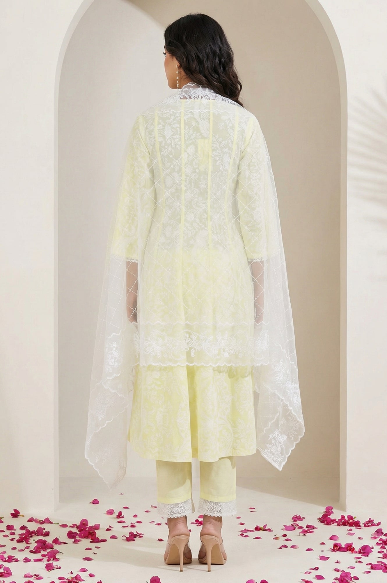 Yellow Floral Printed Lace Pure Cotton Straight Kurta with Straight Pants and Dupatta Set
