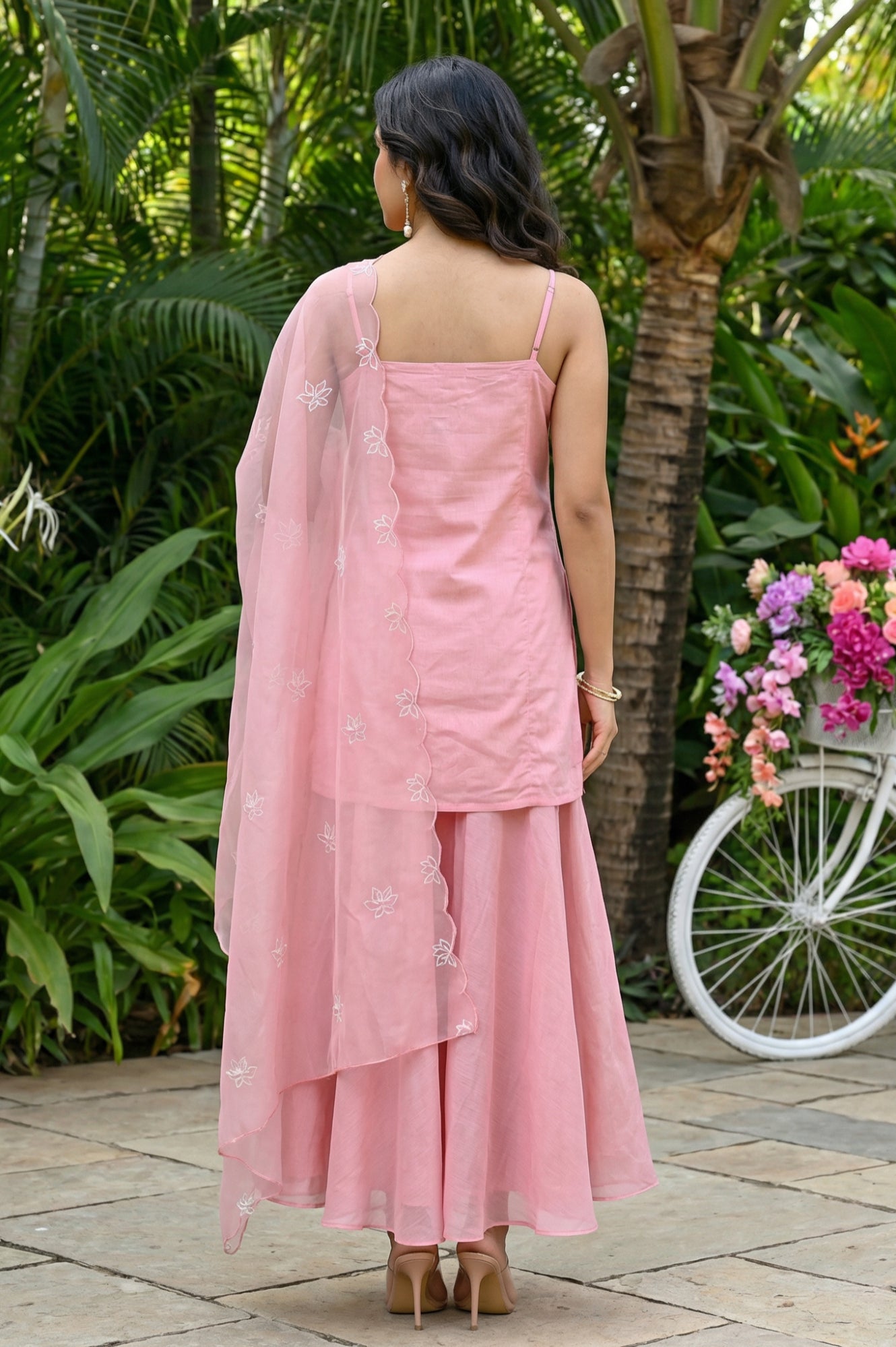 Pink Thread Embroidered Chanderi Noodle Straps Straight Kurta with Sharara and Dupatta Set