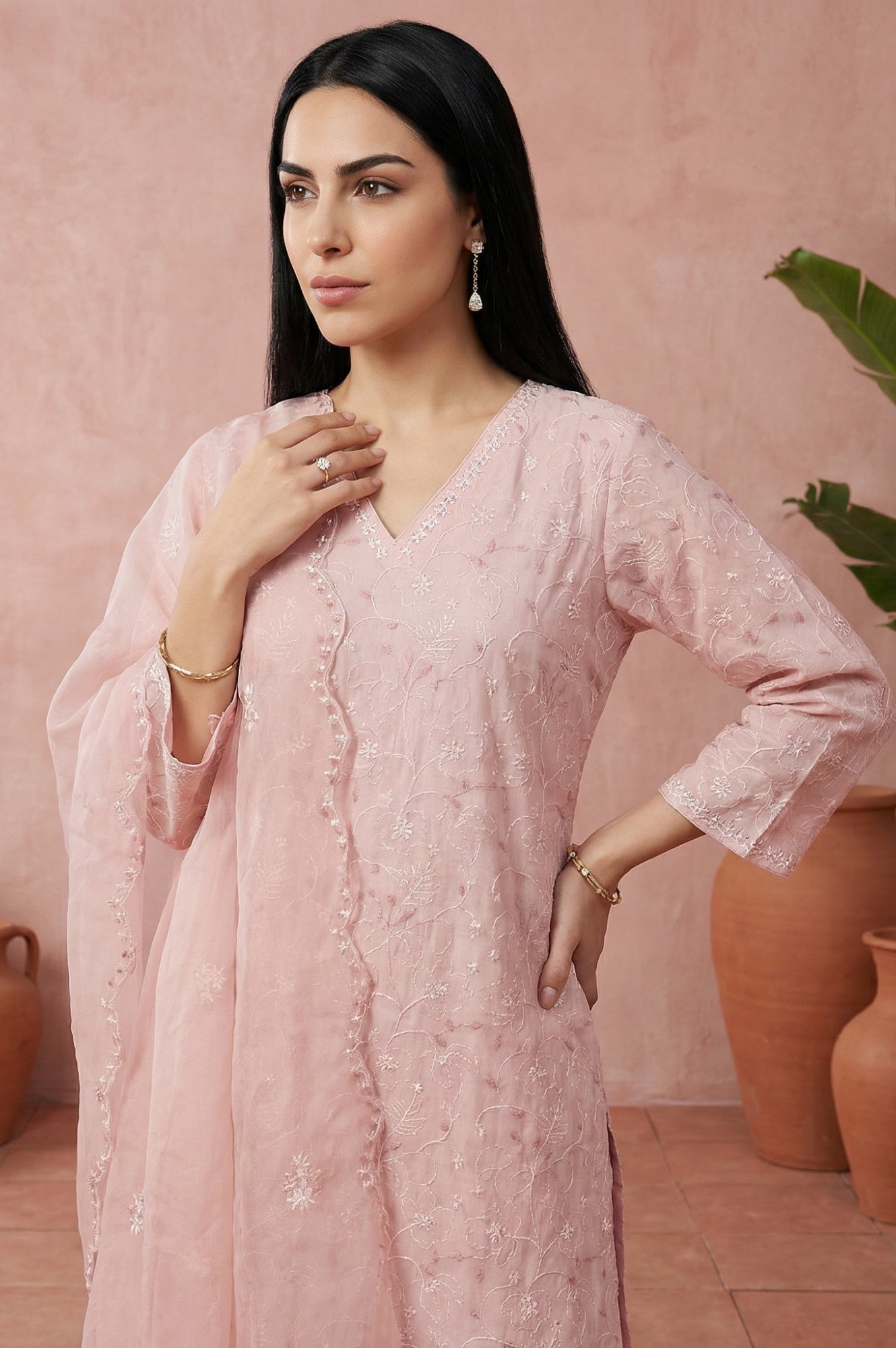 Pink Chikankari Pure Cotton Straight Kurta with Pants and Dupatta Set