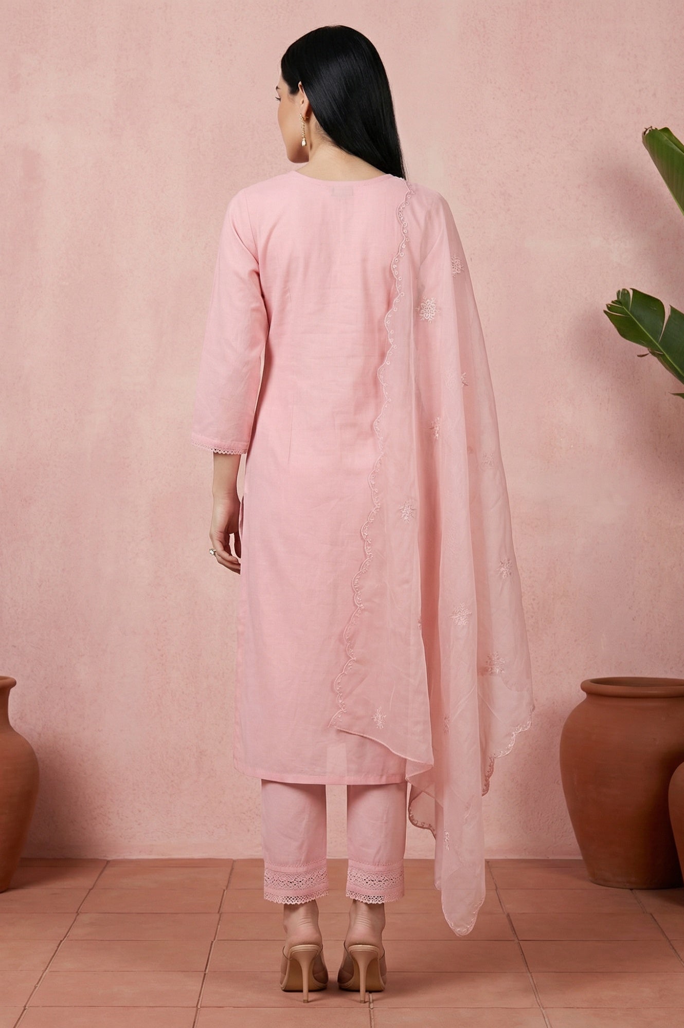Pink Chikankari Pure Cotton Straight Kurta with Pants and Dupatta Set