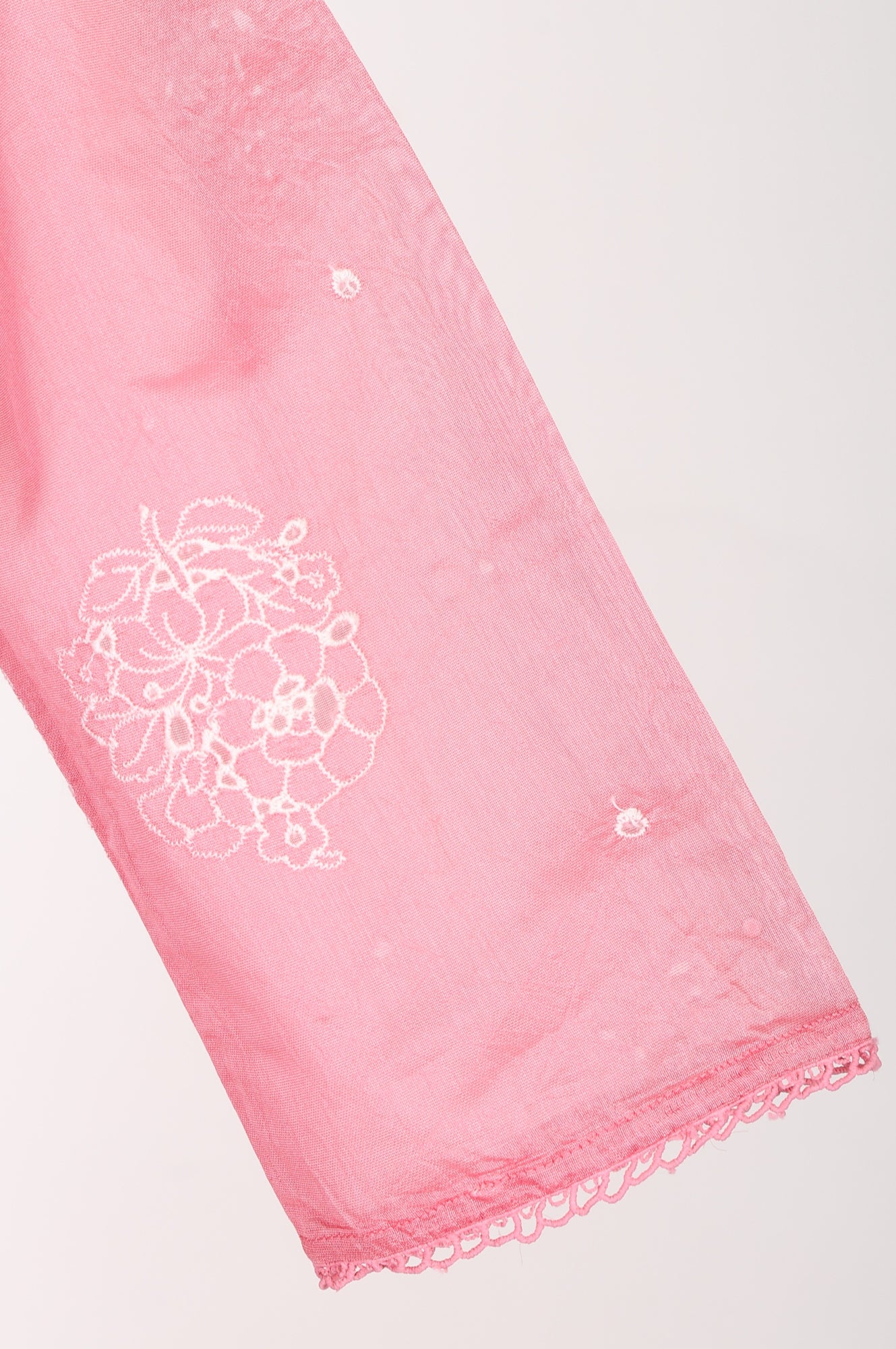 Pink Thread Embroidered Chanderi Straight Kurta with Pants and Dupatta Set