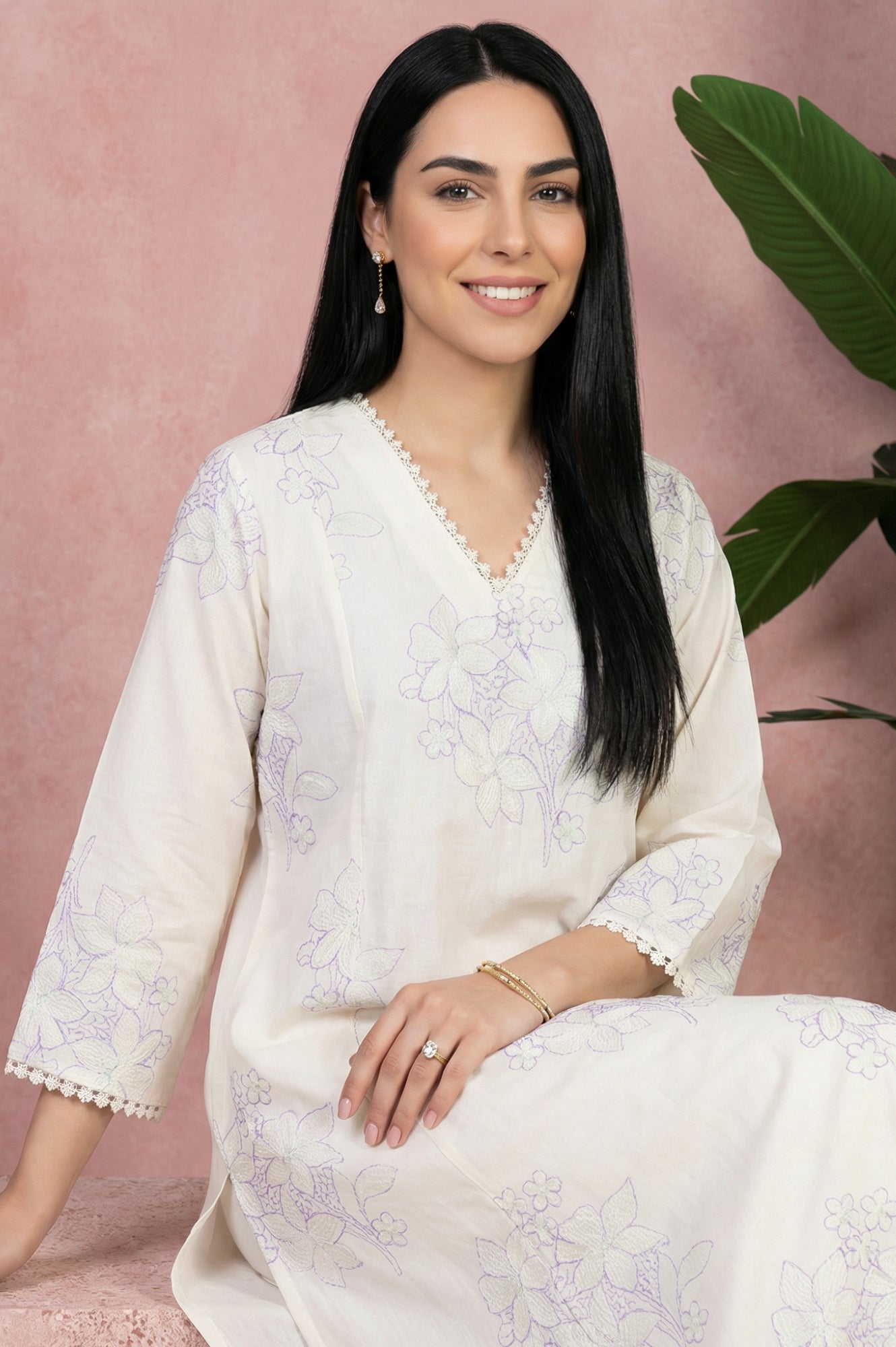 Off White Thread Embroidered Pure Cotton Straight Kurta With Straight Pants And Dupatta Set