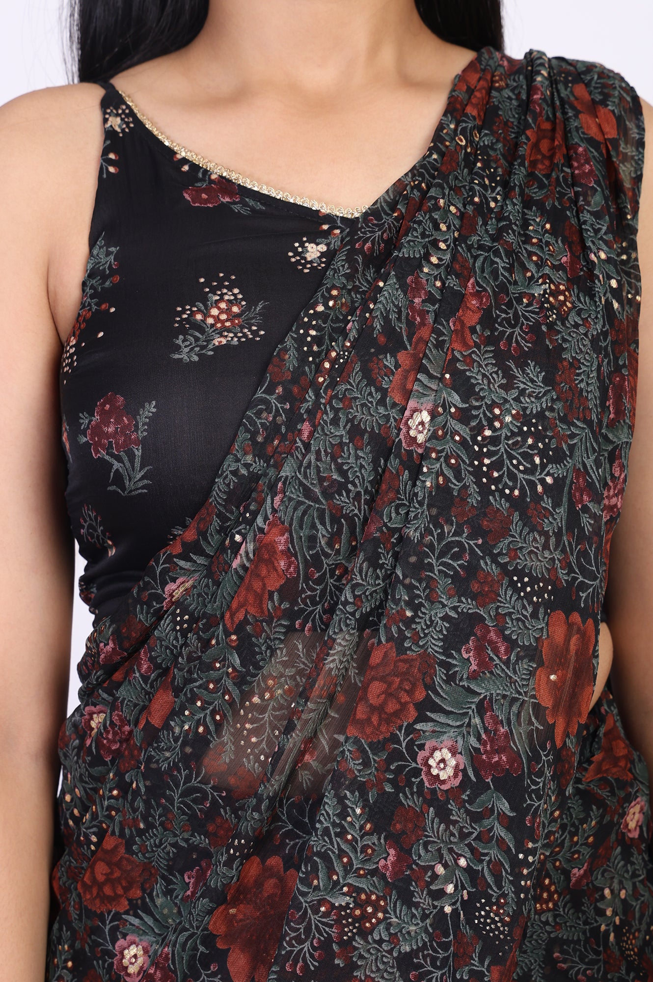 Black Floral Printed Sequined Pre-draped Georgette Saree with Blouse