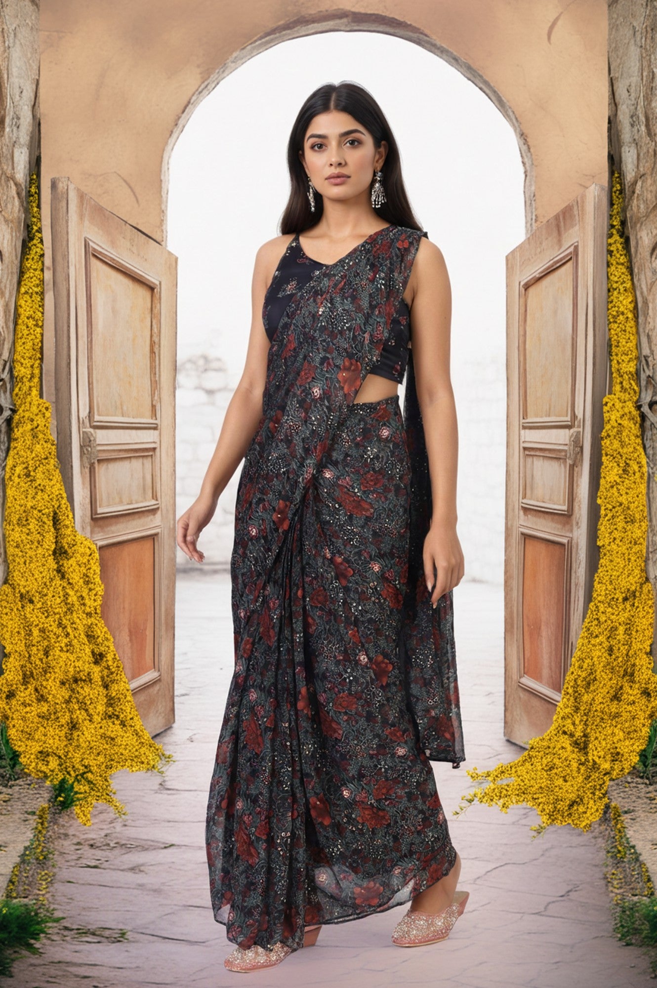Black Floral Printed Sequined Pre-draped Georgette Saree with Blouse