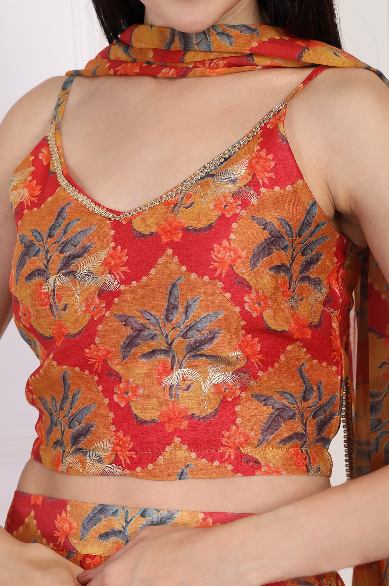 Red Floral Printed Crepe Crop Top with Skirt and Dupatta Set