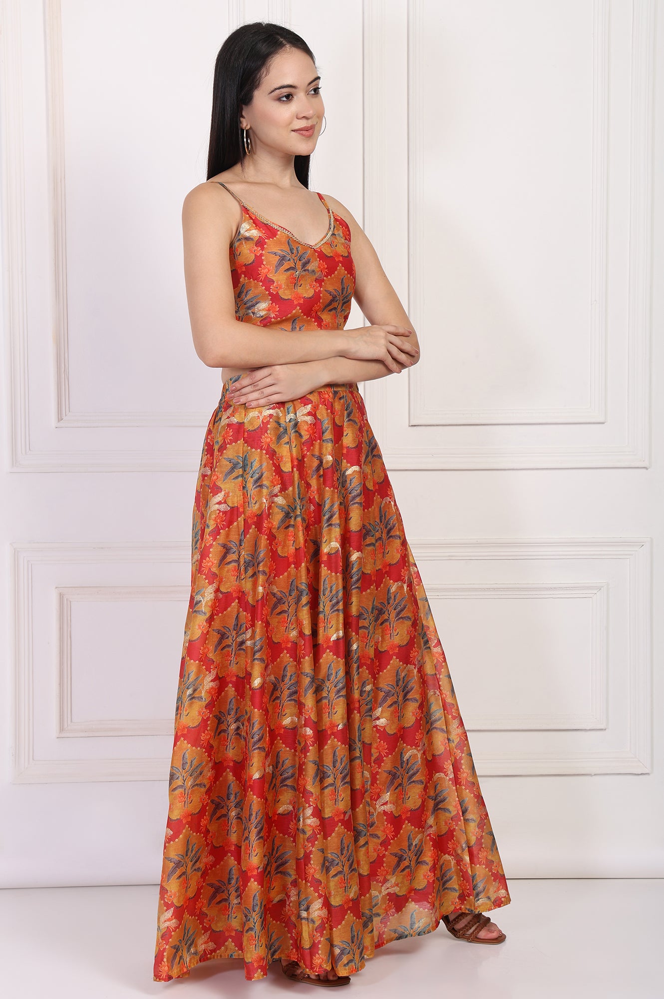 Red Floral Printed Crepe Crop Top with Skirt and Dupatta Set