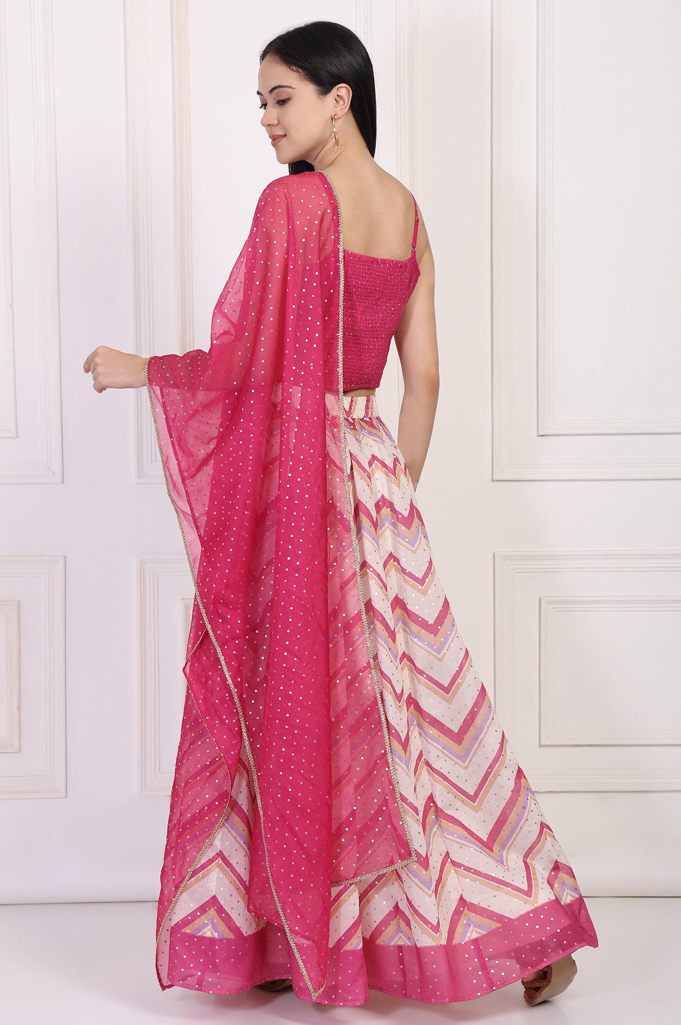 Pink Foil Printed Sequined Flared Crop Top with Skirt and Dupatta Set