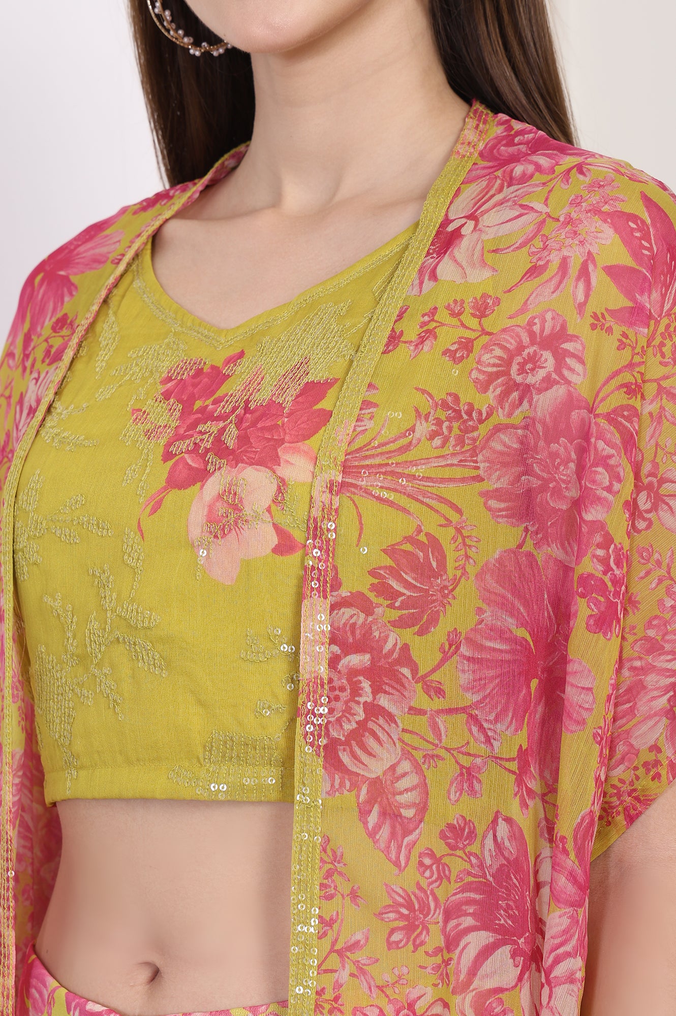Lime Green Embroidered Crop Top with Culottes and Dupatta Set