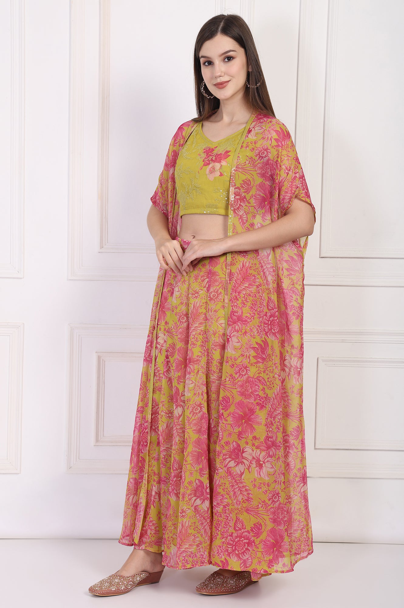 Lime Green Embroidered Crop Top with Culottes and Dupatta Set