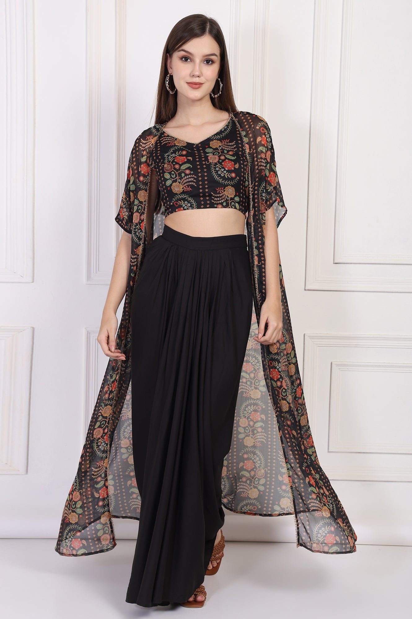 Black Floral Printed Embellished Georgette Crop Top with Cape and Skirt Set