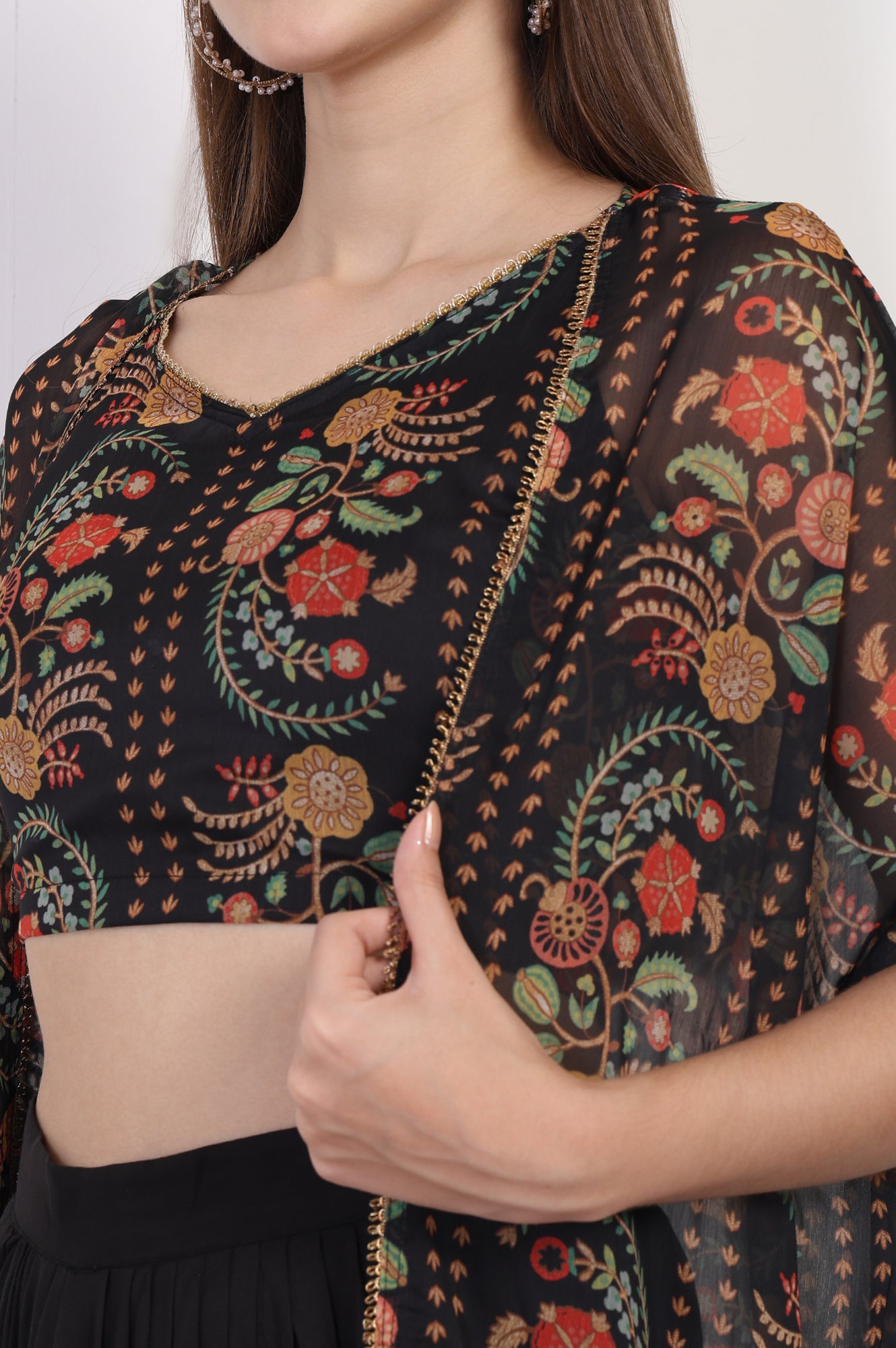 Black Floral Printed Embellished Georgette Crop Top with Cape and Skirt Set