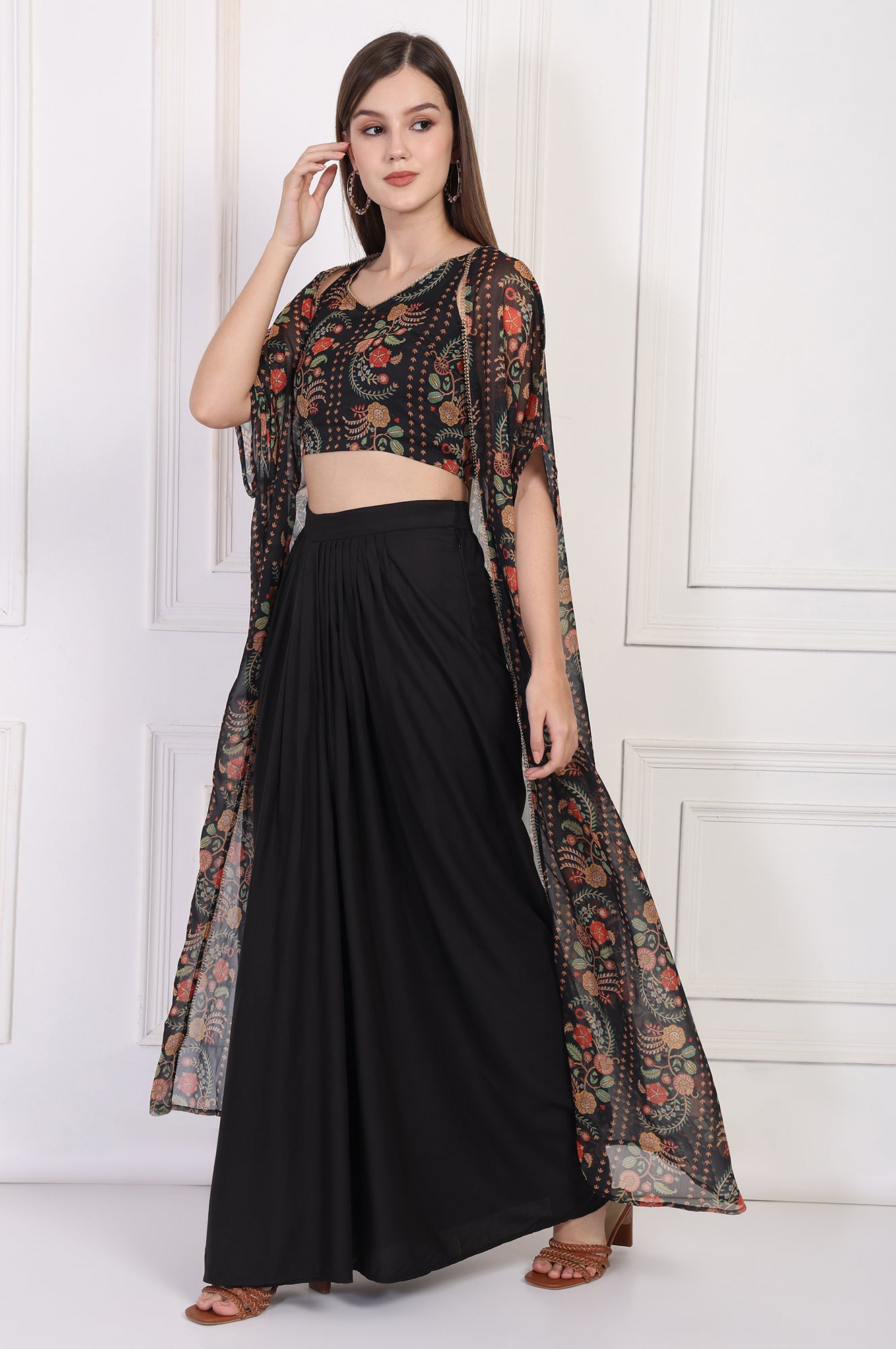 Black Floral Printed Embellished Georgette Crop Top with Cape and Skirt Set