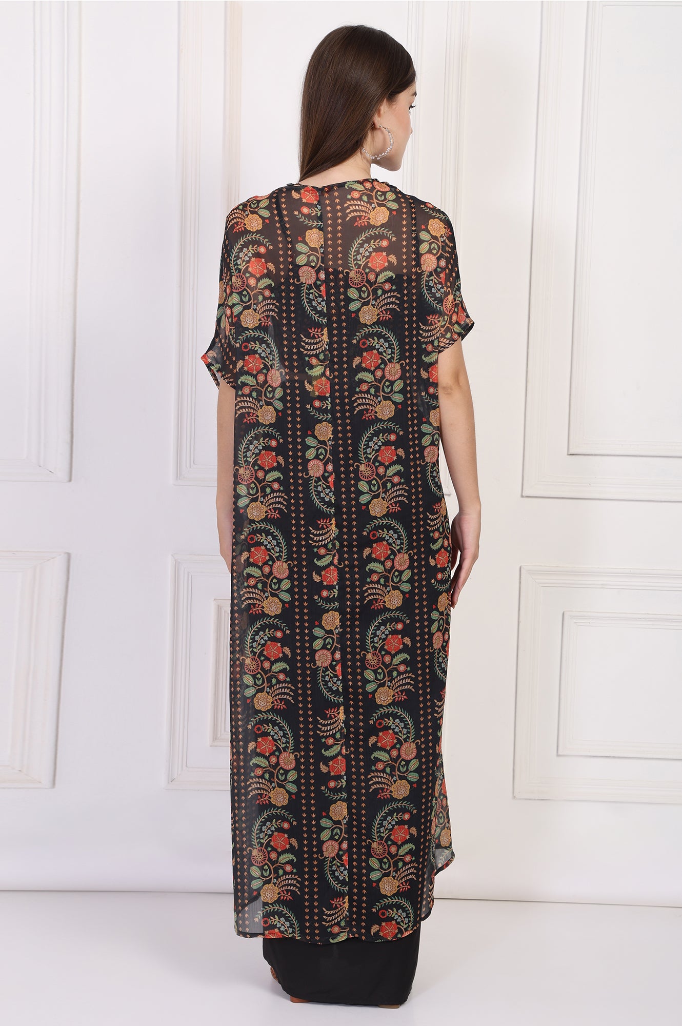 Black Floral Printed Embellished Georgette Crop Top with Cape and Skirt Set