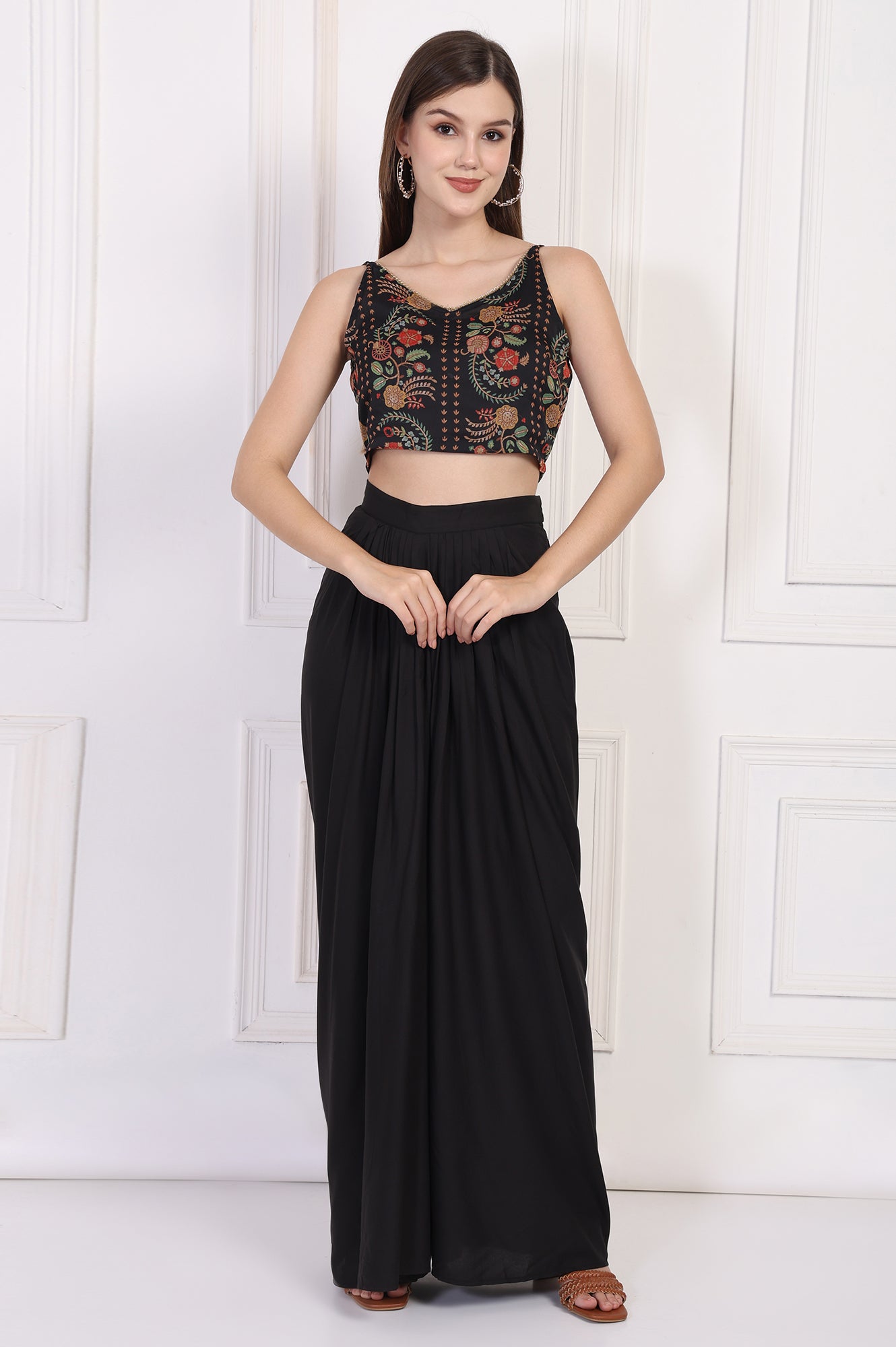 Black Floral Printed Embellished Georgette Crop Top with Cape and Skirt Set