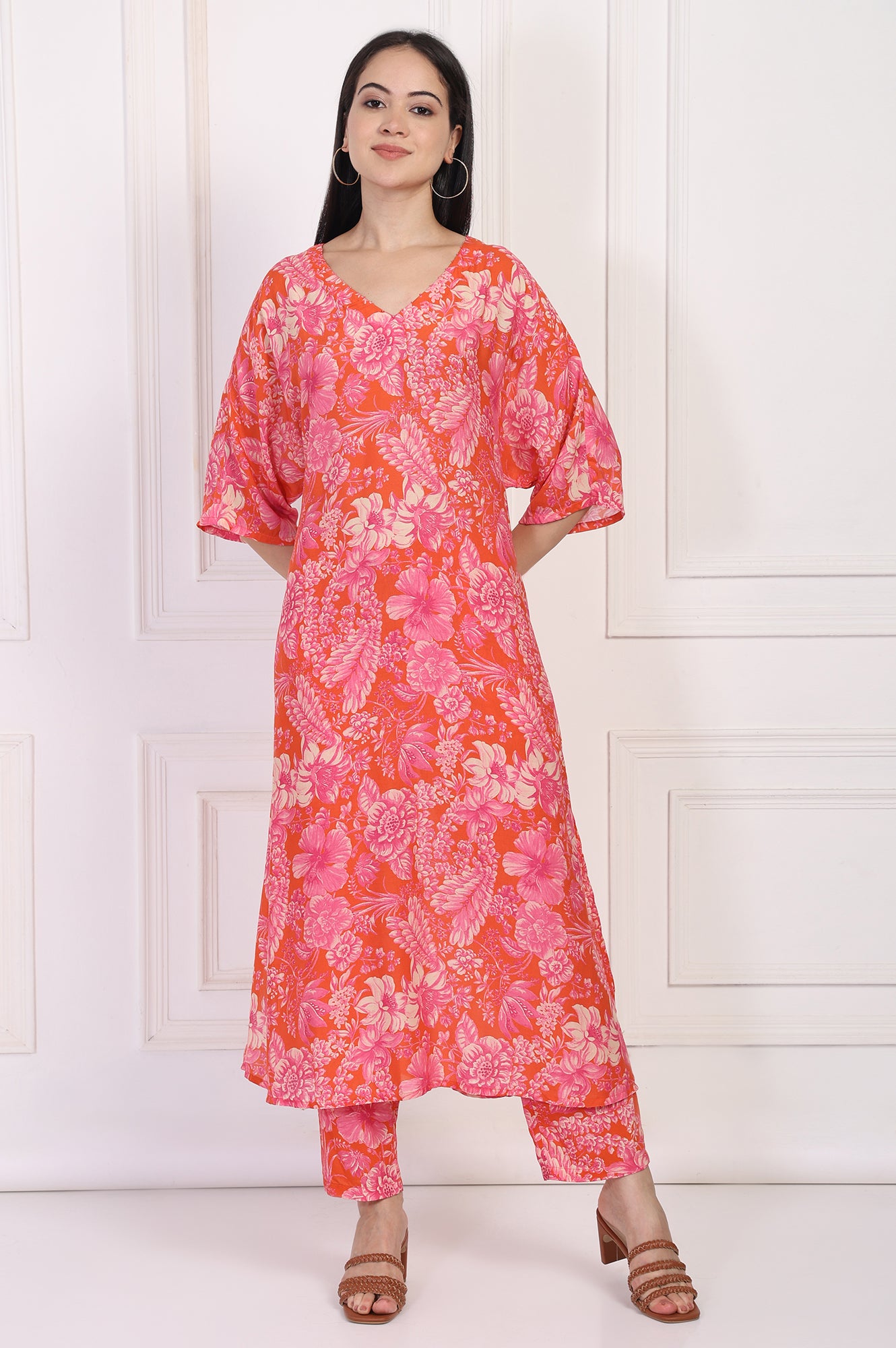 Orange Floral Printed Kaftan Modal Kurta with Pant