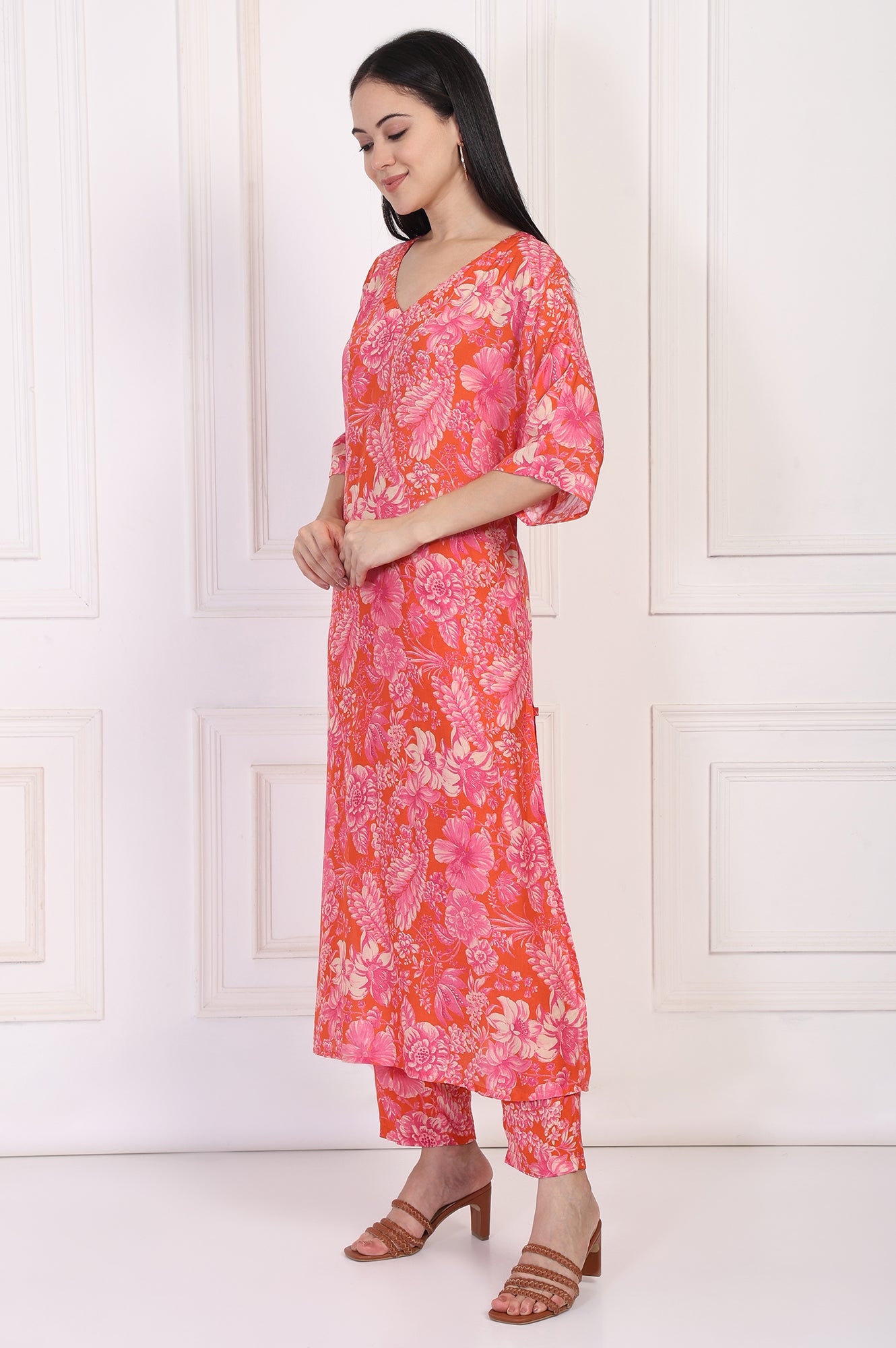 Orange Floral Printed Kaftan Modal Kurta with Pant
