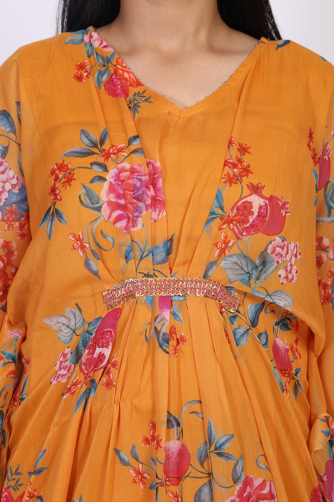 Orange Floral Printed Sequined Flared Chiffon Kaftan with Pant Set