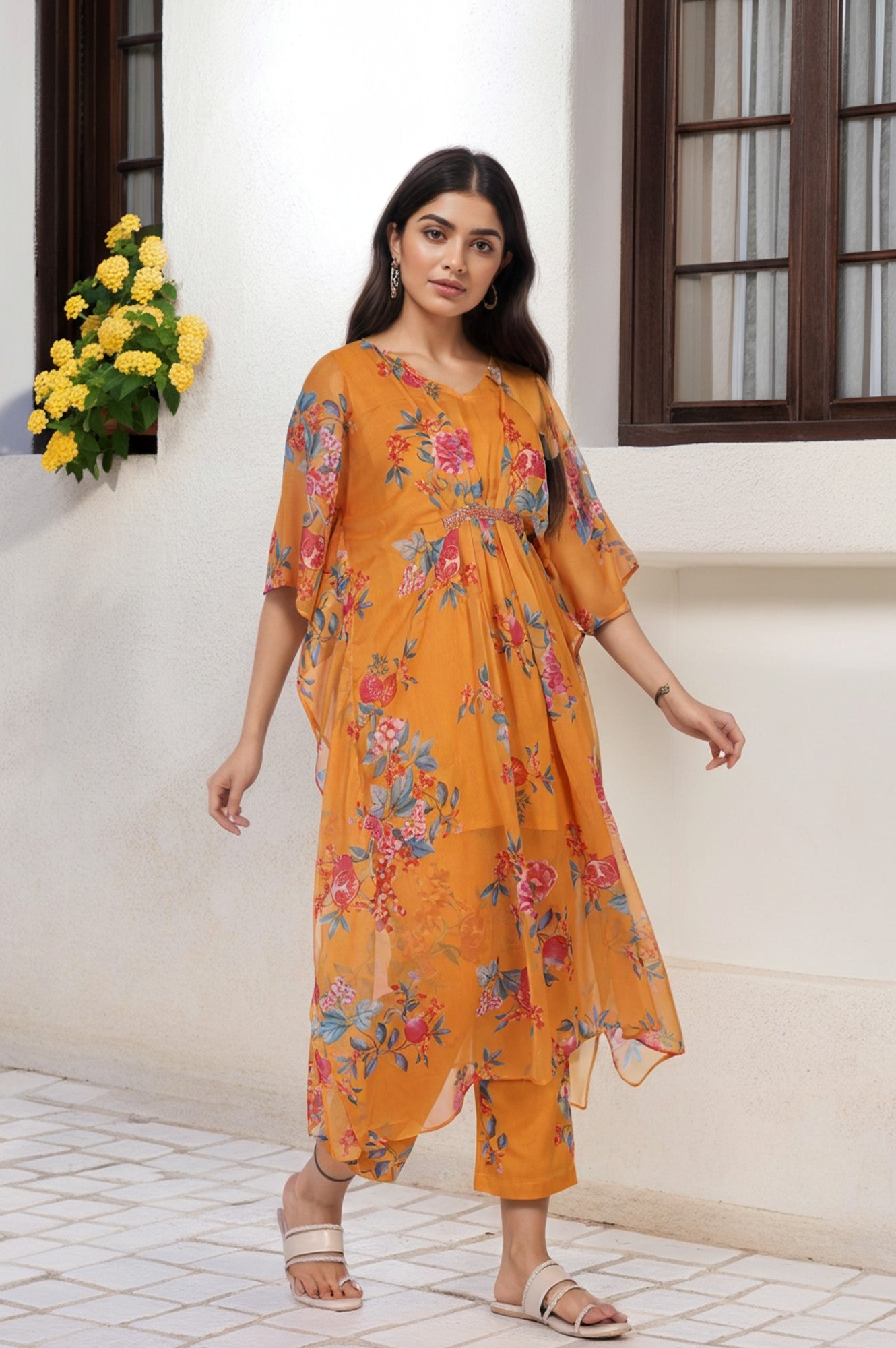 Orange Floral Printed Sequined Flared Chiffon Kaftan with Pant Set