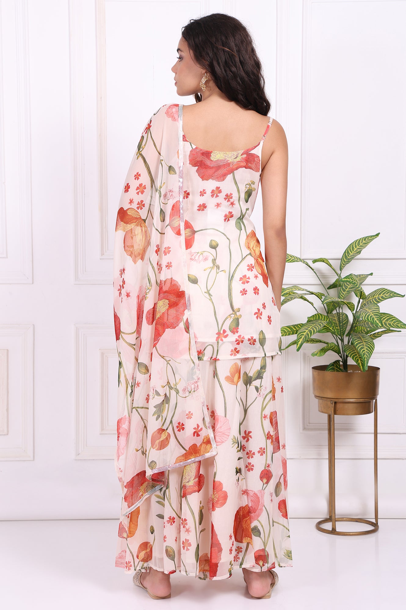 White Floral Printed A-Line Crepe Kurta with Culotte and Dupatta Set