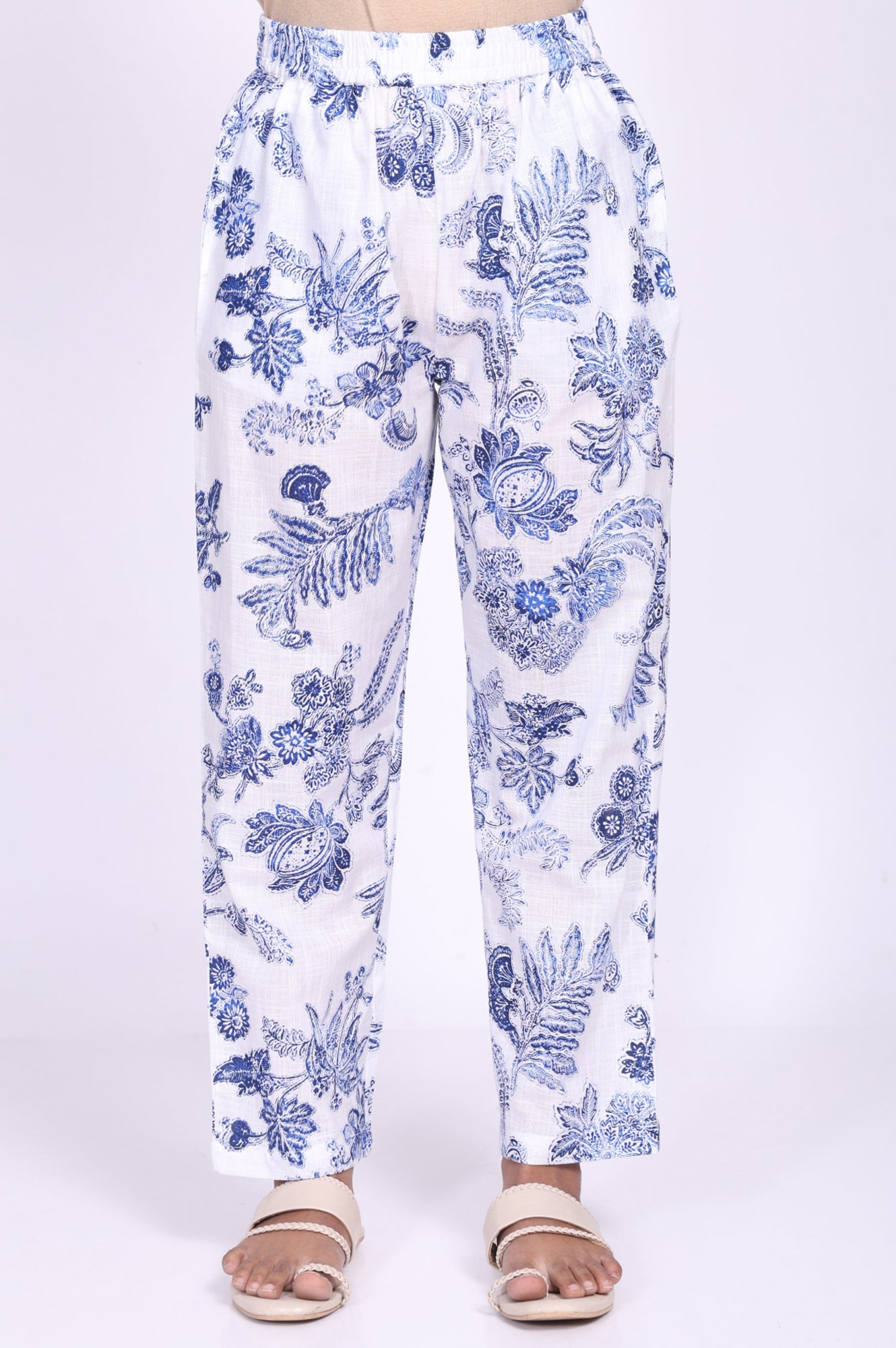 White Floral Printed Pure Cotton Straight Kurta with Straight Pant Set