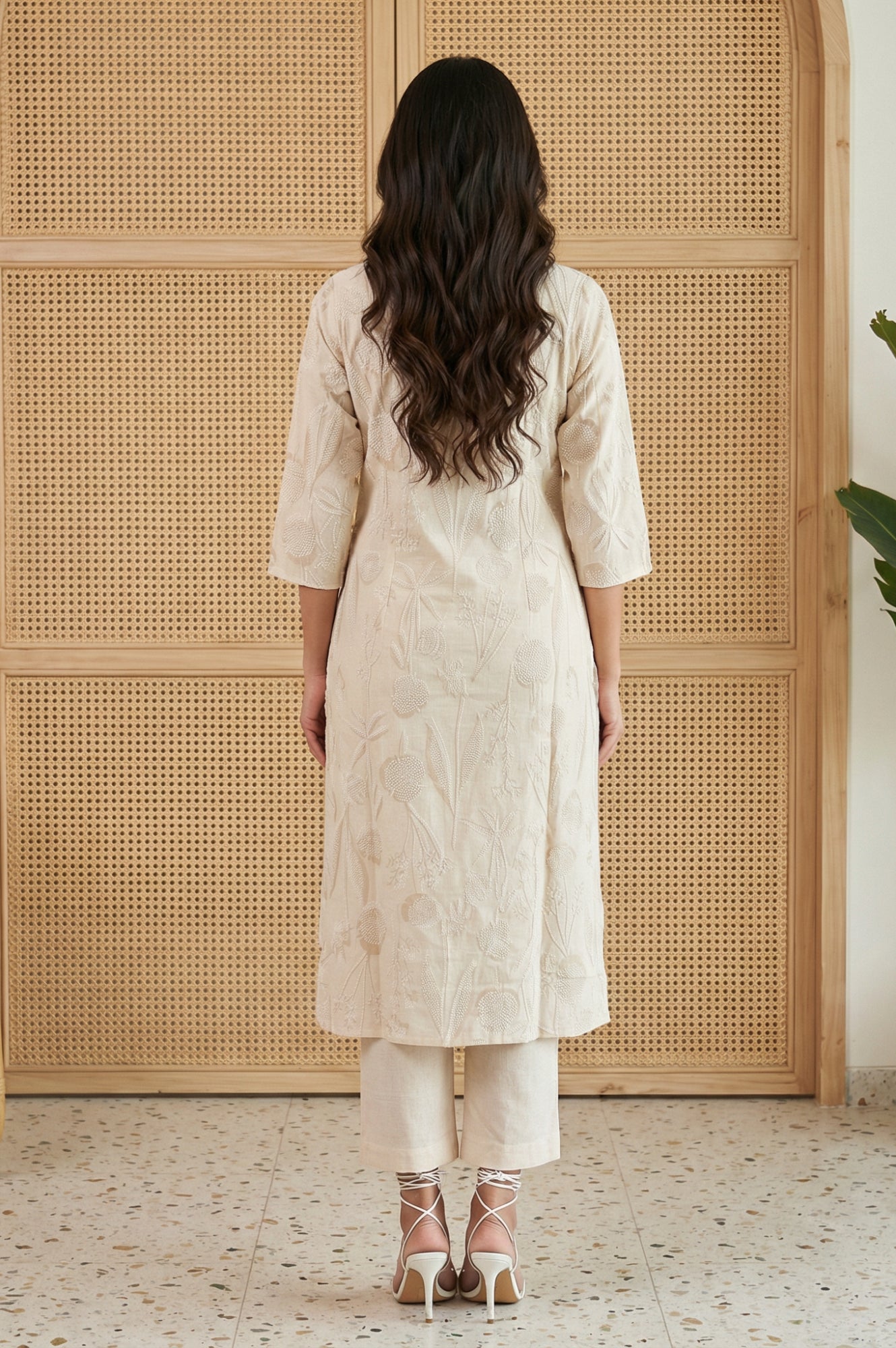 Beige Floral Printed Buttons Cotton Blend Straight Kurta with Pants Set