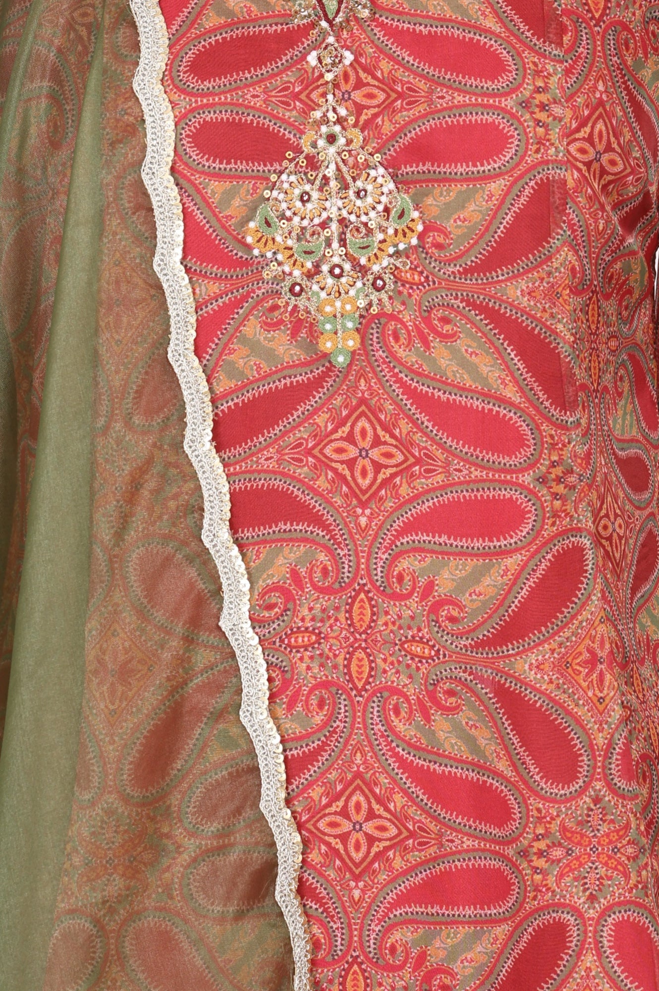Red Sequins Paisley Printed Organza Straight Kurta With Straight Pants And Dupatta Set